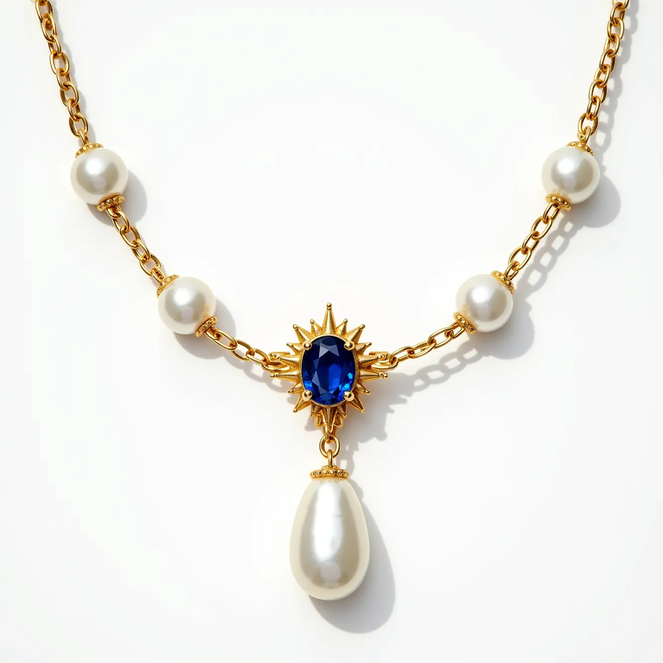 This pearl necklace features a delicate gold chain interspersed with lustrous round pearls, creating a classic and elegant look. At the center, it showcases an eye-catching blue gemstone, likely a sapphire, fashioned in an oval cut and set within a radiant gold sunburst setting. Dangling beneath the gemstone is a large, teardrop-shaped pearl, adding a touch of sophistication to the overall design. The combination of gold, pearls, and the central blue stone gives the necklace a regal appearance, suitable for special occasions.