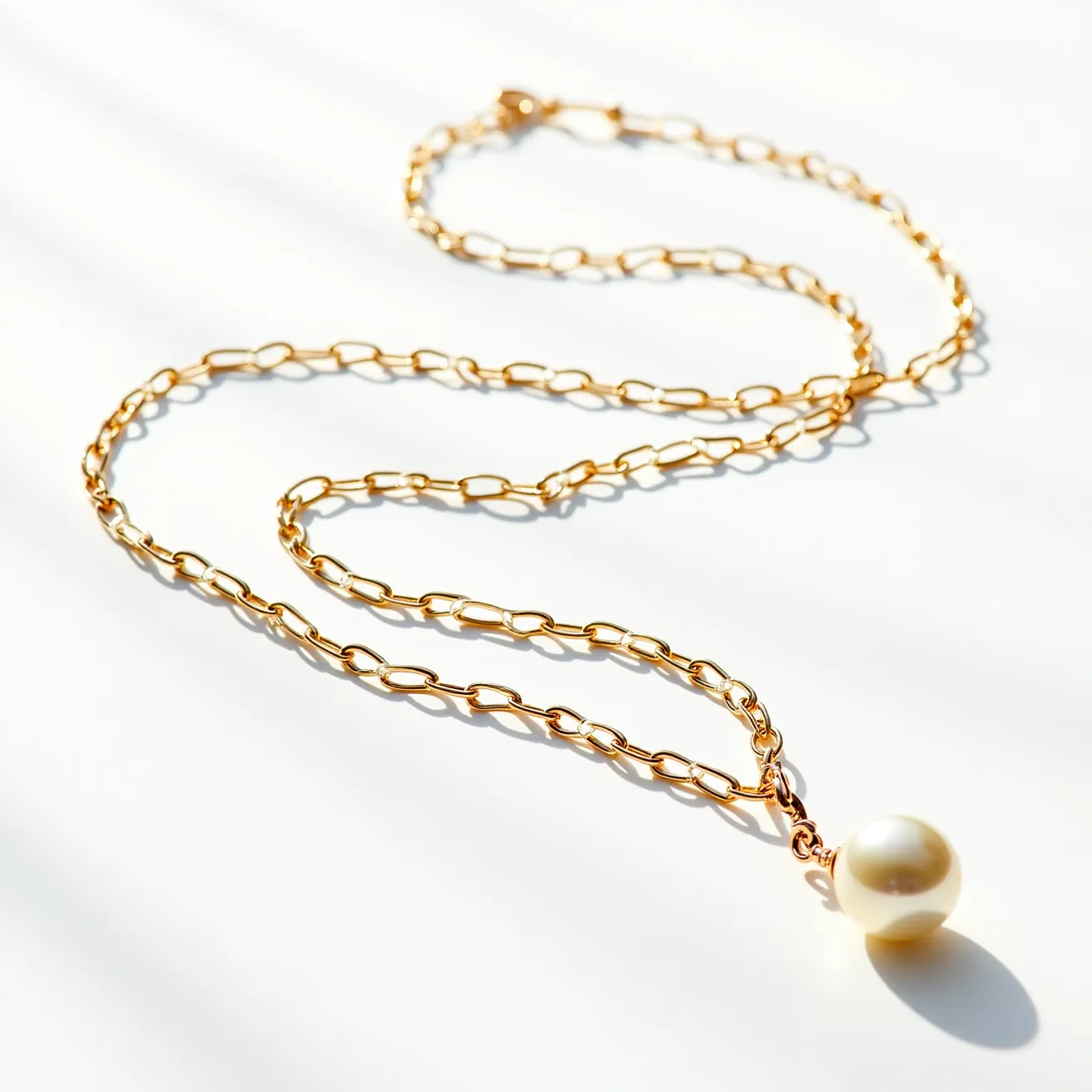 This pearl necklace features a single, round pearl as its centerpiece, elegantly suspended from a gold chain. The chain is comprised of gold links, providing a sleek and modern aesthetic that contrasts beautifully with the classic charm of the pearl. The pearl's smooth and lustrous surface suggests high quality, while the gold link chain adds a contemporary touch. The necklace is equipped with a secure clasp, ensuring ease of wear and reliability. This combination of the pearl pendant and the gold chain creates a sophisticated and timeless piece of jewelry.