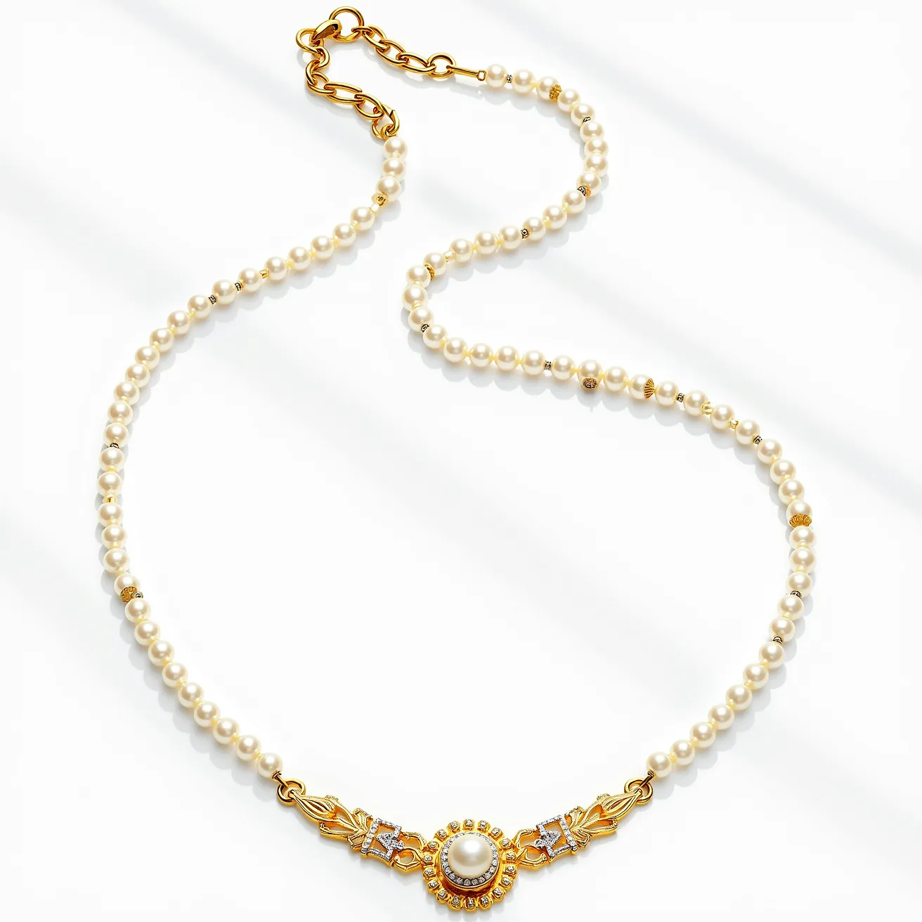 This pearl necklace features a string of lustrous pearls that are interspersed with small, golden beads, adding a touch of elegance and contrast. At the center, a prominent, round pearl is set within a decorative golden setting, embellished with intricate designs and what appear to be small, clear stones that provide a sparkling accent. The setting showcases an elaborate gold craftsmanship with a mix of smooth and detailed textures. The clasp is a golden, oversized link chain style, offering a secure and stylish closure.