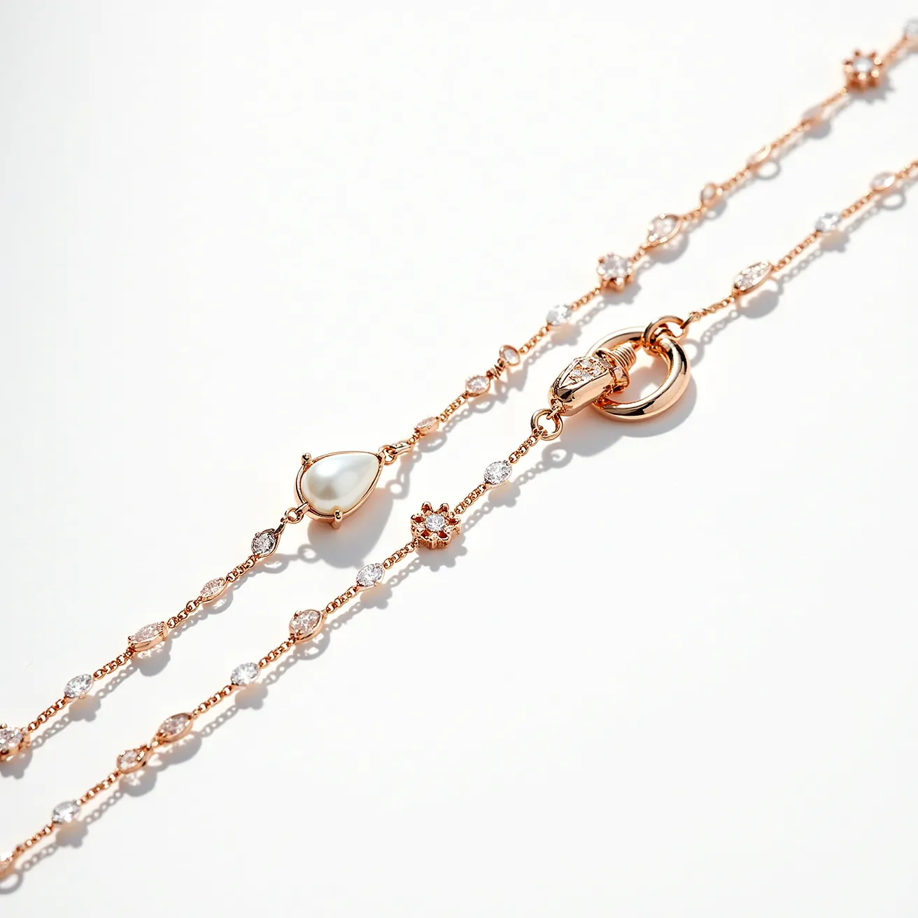 This pearl necklace features an elegant combination of materials, showcasing a central teardrop-shaped pearl set in a polished gold setting. The fine gold chain is adorned with alternating smaller pearls and faceted round gemstones, adding a touch of sparkle and sophistication. Each gemstone is meticulously set, possibly in a prong setting, to enhance its brilliance. The necklace is secured with a sturdy and stylish gold clasp, combining both a round ring and a lobster clasp for secure fastening. The overall design reflects a harmonious blend of classic elements with a modern twist.