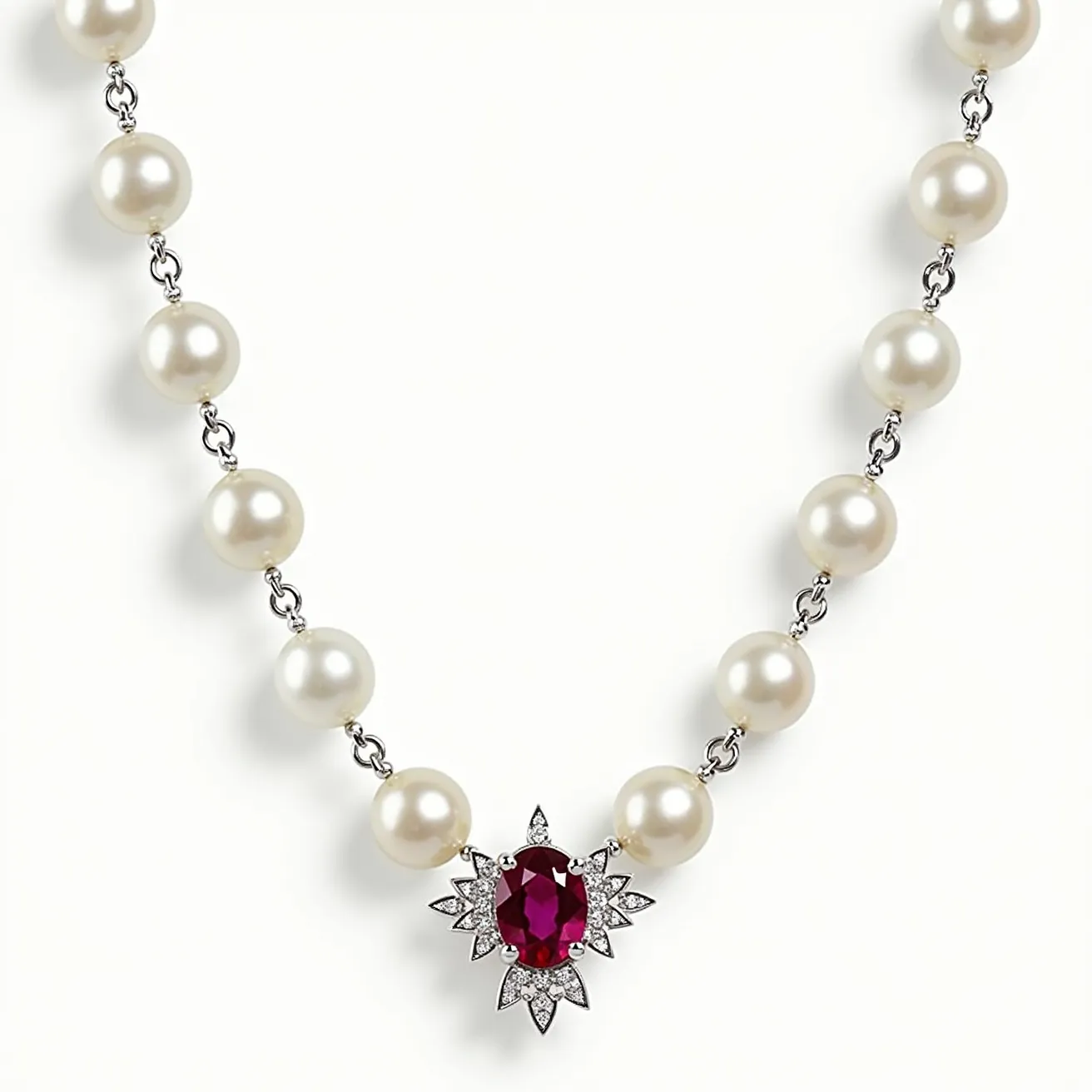 This pearl necklace features a series of lustrous white pearls, each linked by delicate metal connections, likely silver or white gold. The centerpiece of this elegant piece is an eye-catching, faceted red gemstone, possibly a ruby or garnet, set in a refined prong setting. Surrounding the central stone is an intricate design embellished with smaller, sparkling clear stones, which are likely diamonds or diamond substitutes. The elegance of the pearls combined with the striking color of the central gem creates a stunning contrast, enhancing the overall visual appeal of the necklace. The necklace may include a secure clasp at the back, likely a lobster claw or spring ring style, to ensure it remains comfortably fastened.