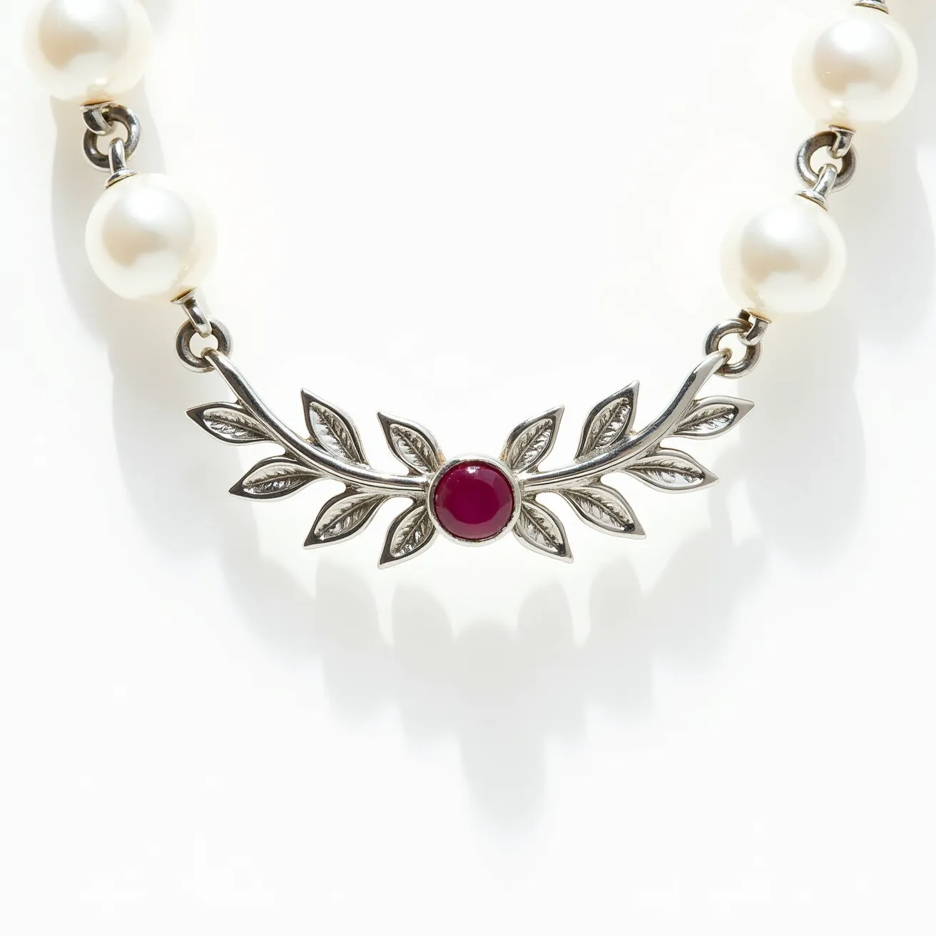 This pearl necklace features a classic arrangement of lustrous, round pearls connected by metal links. Central to its design is an ornate metal setting, shaped like a delicate branch with leaves, crafted likely from silver or white gold, which elegantly holds a prominent round-cut red gemstone—possibly a ruby—accentuating the centerpiece. The gemstone is set in a bezel, providing a sleek and secure attachment. The clasp or any additional attachments are not visible, suggesting a seamless and polished finish to the overall design.