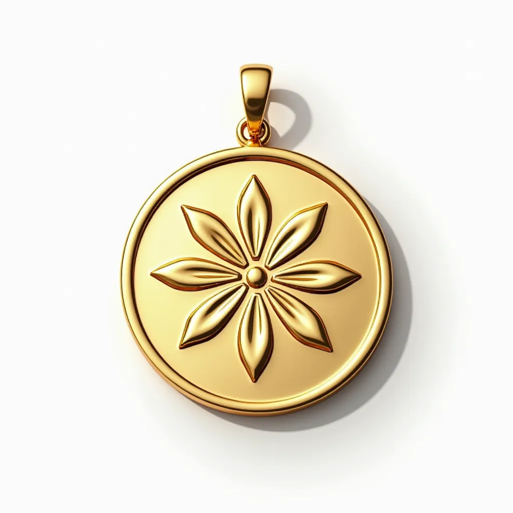 This statement pendant features a circular design crafted from a golden material, showcasing a central decorative motif resembling a stylized flower or star with elongated petals. The surface is smooth and polished, enhancing its reflective quality. The pendant is attached via a simple, matching golden bail at the top, which allows for easy attachment to a chain or necklace. The overall design is elegant and eye-catching, emphasizing both the craftsmanship and the high-quality material used in its creation.