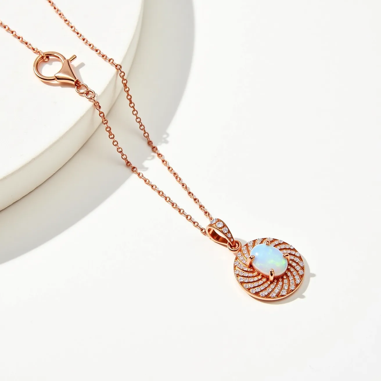 This statement pendant features a central opalescent gemstone, likely an opal, which is encased in an intricate swirl design of rose gold. The pattern surrounding the opal is embellished with small, round-cut, clear gemstones that are pavé-set, enhancing the pendant's elegance and sparkle. The pendant is attached to a delicate rose gold chain, which secures with a lobster clasp, ensuring both style and durability. The use of rose gold lends a warm and luxurious appeal to the overall design, making this pendant a striking accessory.