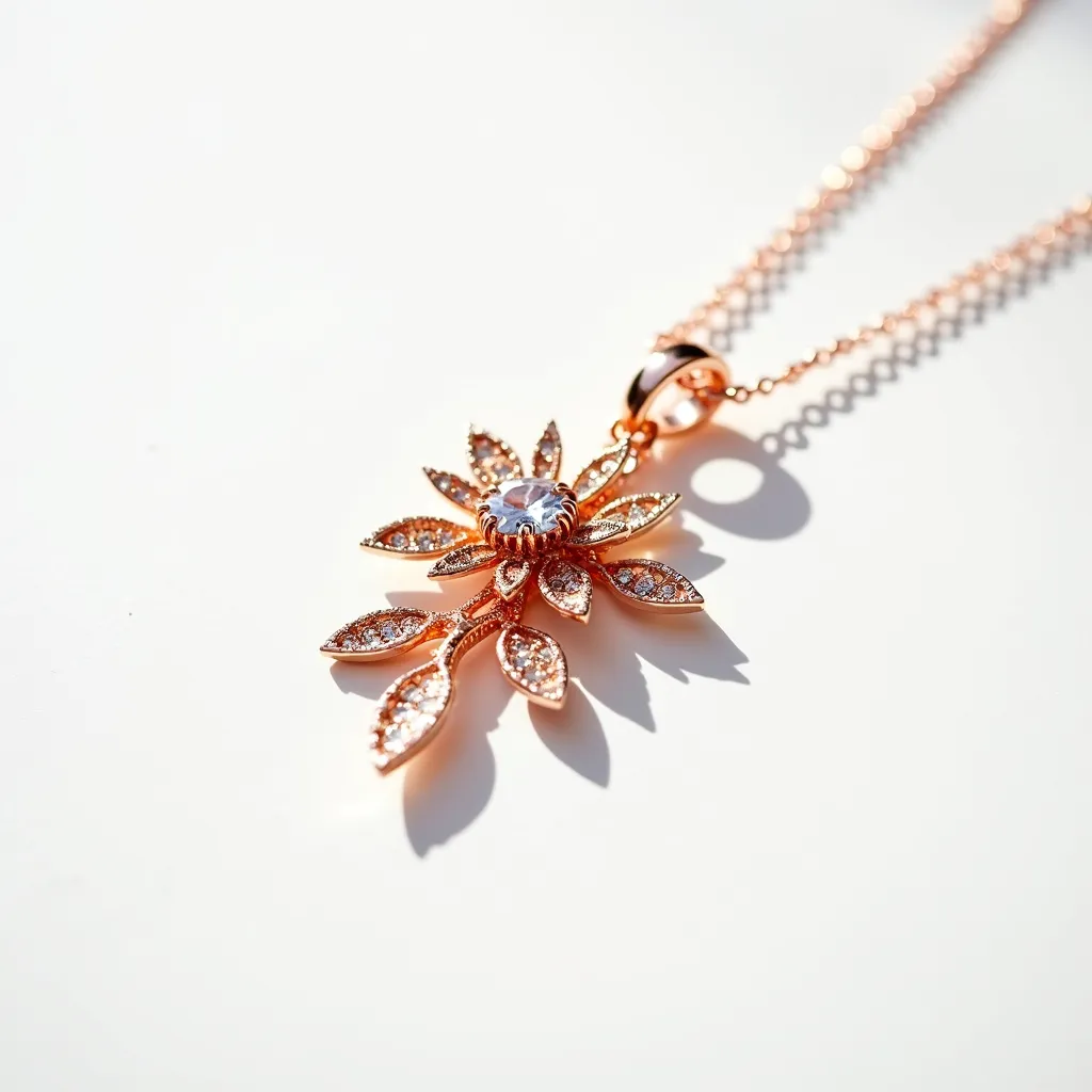 This statement pendant features a floral design crafted from a rose gold-toned metal. The centerpiece is a round, brilliant-cut clear gemstone, likely a white cubic zirconia or diamond, secured in a prong setting. Surrounding the center stone are intricately designed petals encrusted with smaller, matching pave-set stones, adding sparkle and elegance. The pendant is attached to a delicate chain with a smooth, polished bail that complements its sophisticated design.