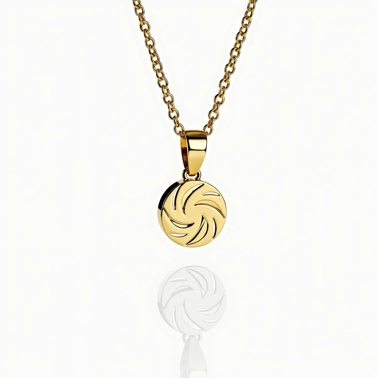 This pendant necklace features a circular pendant made of polished gold-toned metal, with a finely etched swirl pattern on its surface. The design gives the piece a dynamic and elegant appearance. The pendant is attached to a matching gold-toned chain via a simple bail, which allows it to hang freely and move with the wearer. The chain is composed of medium-sized links that create a balanced and harmonious look, complementing the pendant's design. The necklace is secured with a classic lobster clasp, ensuring ease of wear and security.