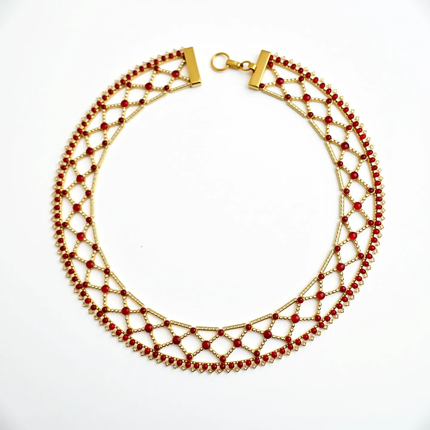 This red necklace features a delicate lattice design crafted from what appears to be a golden metal framework, interwoven with vibrant red beads that add striking color and depth. The beads are evenly spaced and securely set within the intricate network of the necklace, suggesting meticulous craftsmanship. It is equipped with a classic hook clasp for secure fastening, blending seamlessly into the overall design while ensuring ease of use. The combination of rich red tones and metallic accents makes this a visually captivating piece.