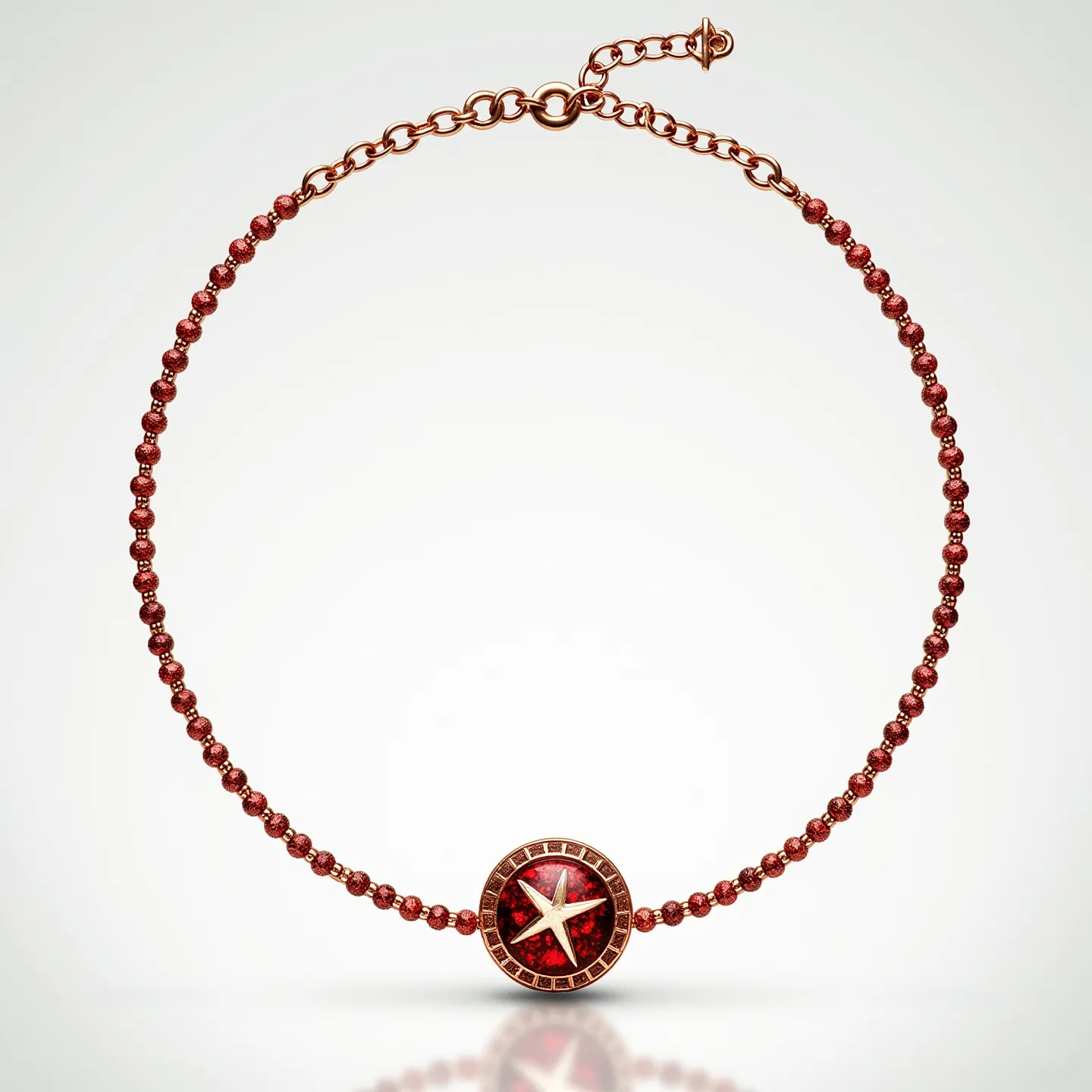 This red necklace features a series of small, round beads that appear to be made of a deep red material, likely glass or a similar gemstone. The centerpiece is a round, flat pendant that showcases a striking star design inlaid in what seems to be a bright red background. The star is encircled by a decorative border that may be crafted from metal, possibly gold or gold-toned, enhancing the pendant's elegance. The necklace is secured with a lobster clasp, and there is an adjustable chain, allowing for versatility in length and fit.