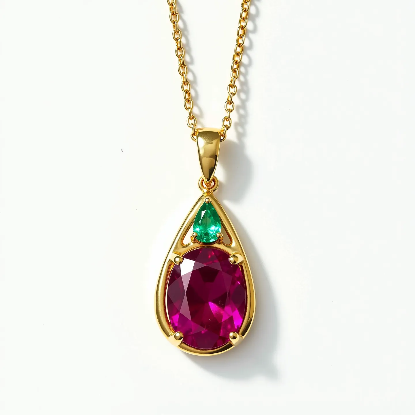 This ruby necklace features a teardrop-shaped pendant set with a large, faceted oval ruby at its center, surrounded by a gold setting. Above the ruby is a smaller, triangular-cut green gem, also secured within the gold frame. The setting appears to be polished and smooth, contributing to a sophisticated and elegant design. The pendant hangs from a delicate gold chain with interlocking links, and the attachment is a simple gold bail that connects securely to the chain. The combination of the vibrant ruby and the contrasting green gemstone, both encased in the lustrous gold, highlights the necklace's luxurious and eye-catching appeal.