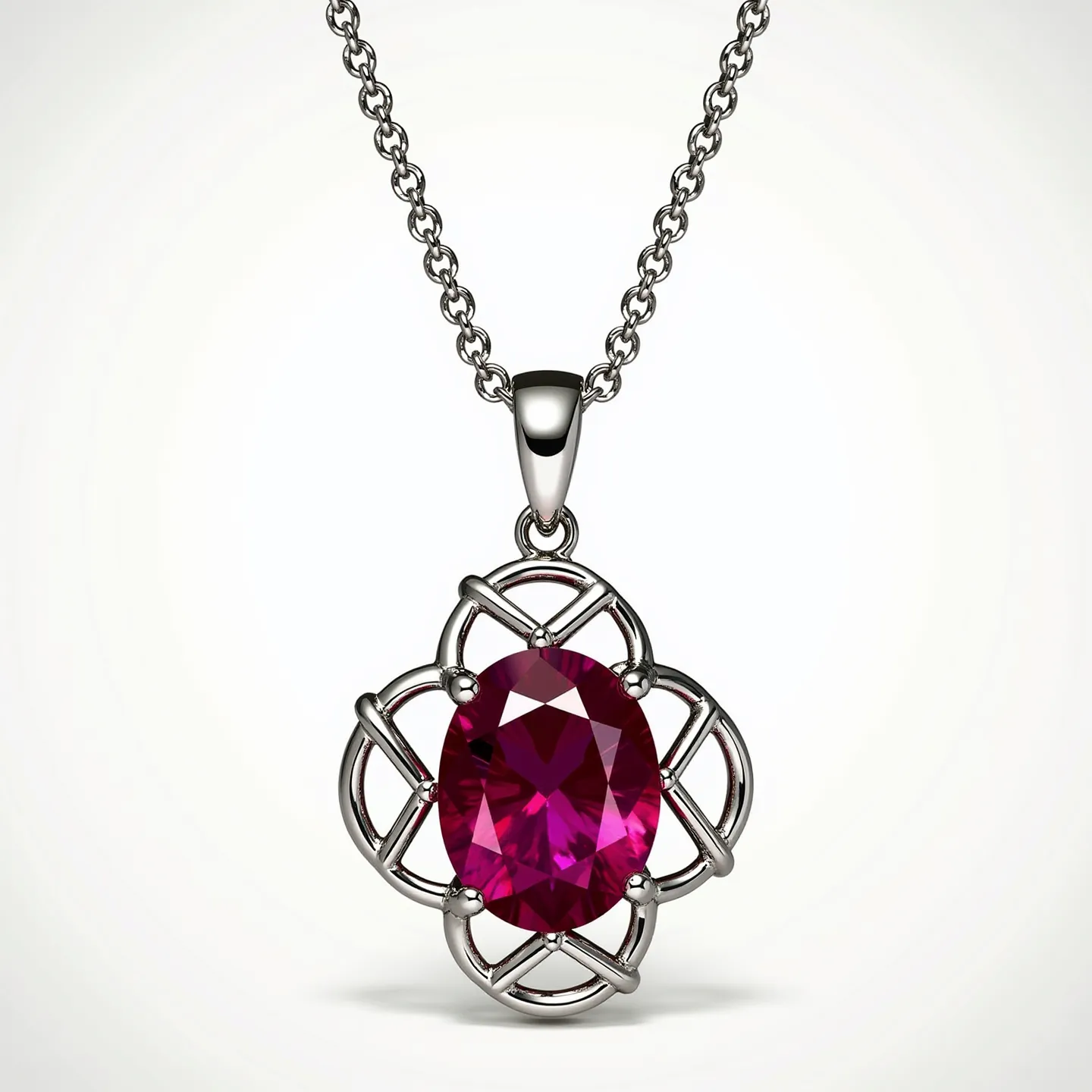 This ruby necklace features an elegant design centered around a prominent oval-cut ruby, which is set in a decorative openwork metal framework that adds an artistic flair to the piece. The ruby is secured with prongs that allow the stone's bright red hues to be prominently displayed and catch the light beautifully. The framework's intricate intertwining loops are crafted from what appears to be a reflective, polished metal, possibly white gold or platinum, enhancing the elegance of the necklace. The chain, likely made of the same material as the setting, is a series of interlocking links that provide both durability and visual interest. The pendant hangs gracefully from a simple, sleek bail, seamlessly connecting it to the chain. The overall construction and design suggest a balance of sophistication and timeless style.