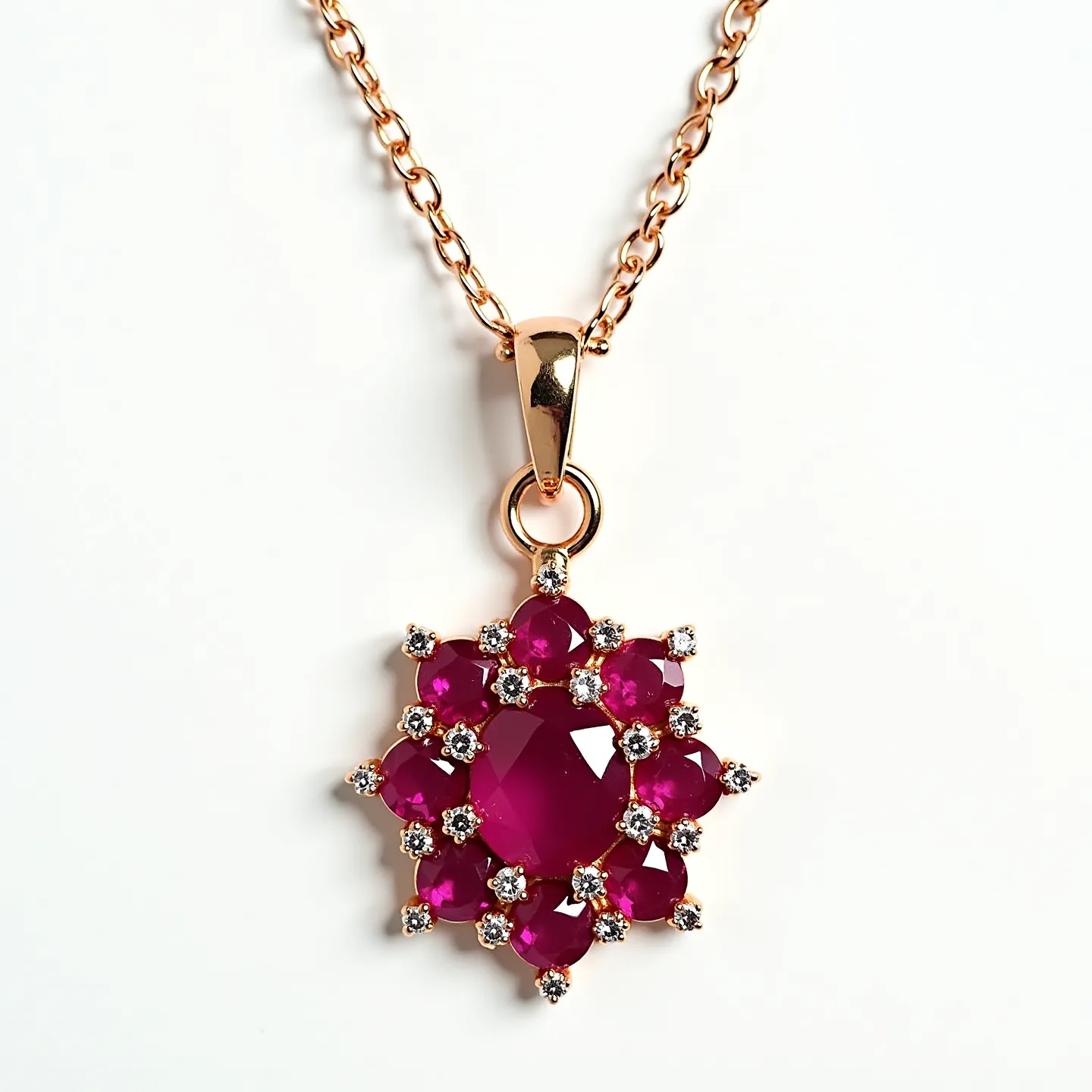 This ruby necklace features a pendant adorned with vivid red rubies arranged in a floral cluster design. Each ruby, likely fashioned in a round or oval cut, is surrounded by small, brilliant-cut diamonds that accentuate the deep red hues of the center stones. The setting is crafted from a polished gold metal, lending a warm complementary tone to the gemstones. The pendant hangs from a delicate, gold chain, which is finished with a secure lobster clasp, ensuring easy wearability while adding a touch of elegance to the overall aesthetic.