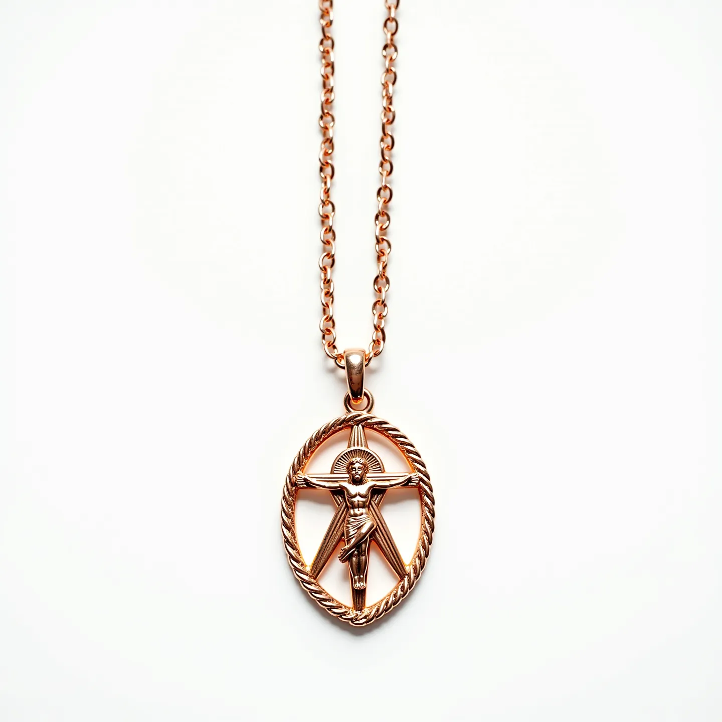 This sacred heart necklace features a beautifully crafted pendant showcasing a religious figure on a star-shaped background. The pendant is likely made of a polished metal, possibly gold or a gold-tone alloy, given its warm hue. Surrounding the figure is a detailed rope-like border that adds texture and depth to the design. The chain is made up of uniform, interlocking links, complementing the pendant's elegant appearance. The attachment between the chain and the pendant is a small, sturdy bail that ensures the pendant hangs securely. There don't seem to be any gems or stones set into the pendant, maintaining a simple yet striking aesthetic.