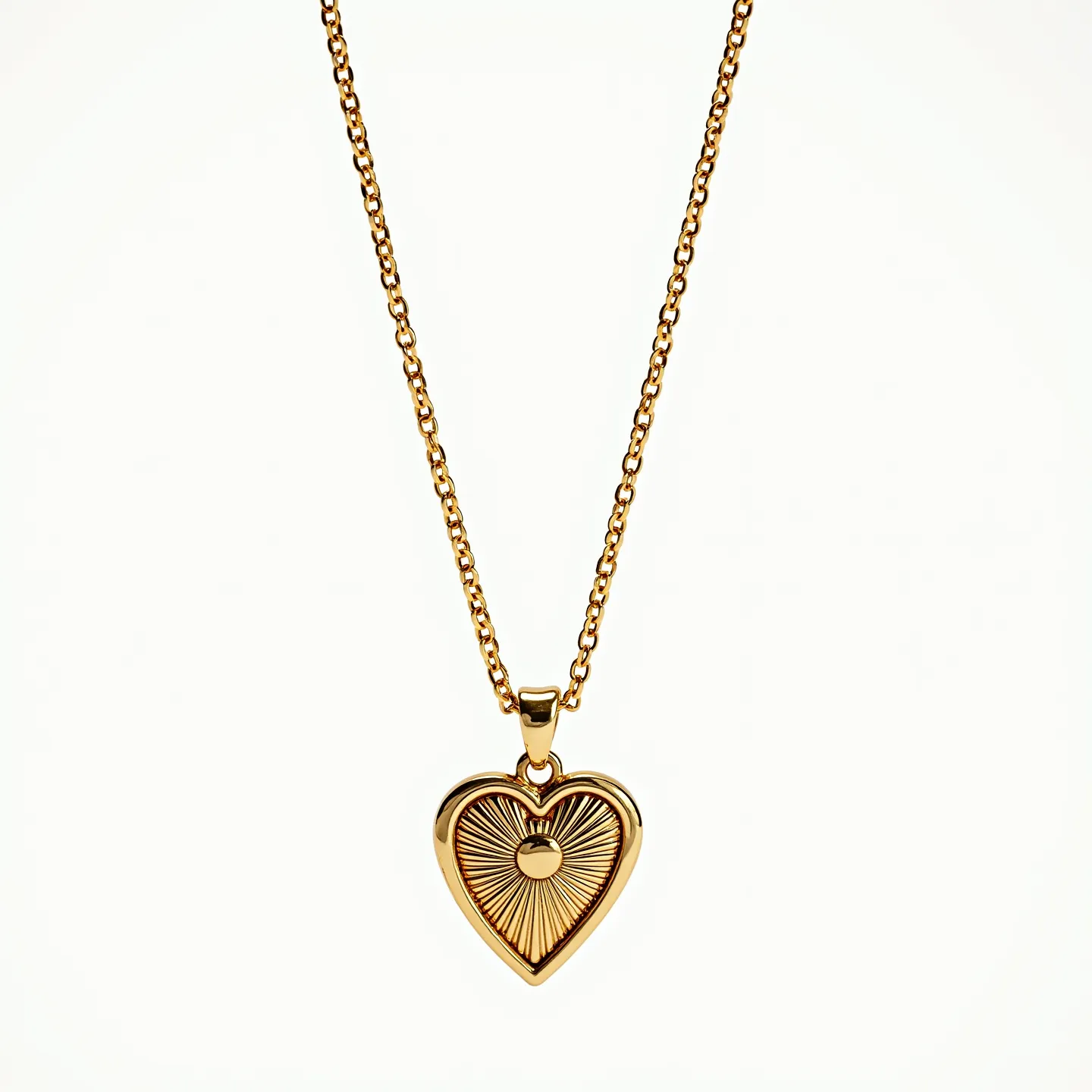 This sacred heart necklace features a meticulously crafted heart-shaped pendant, made from a lustrous gold-tone metal that exudes a sense of warmth and elegance. The design of the pendant is intricately detailed with radiating lines emanating from a small, central heart, symbolizing the sacred heart motif. The pendant is suspended from a matching gold-tone chain, which is composed of fine, closely linked loops, providing both durability and a refined aesthetic. The necklace is completed with a secure clasp, ensuring easy and reliable fastening.