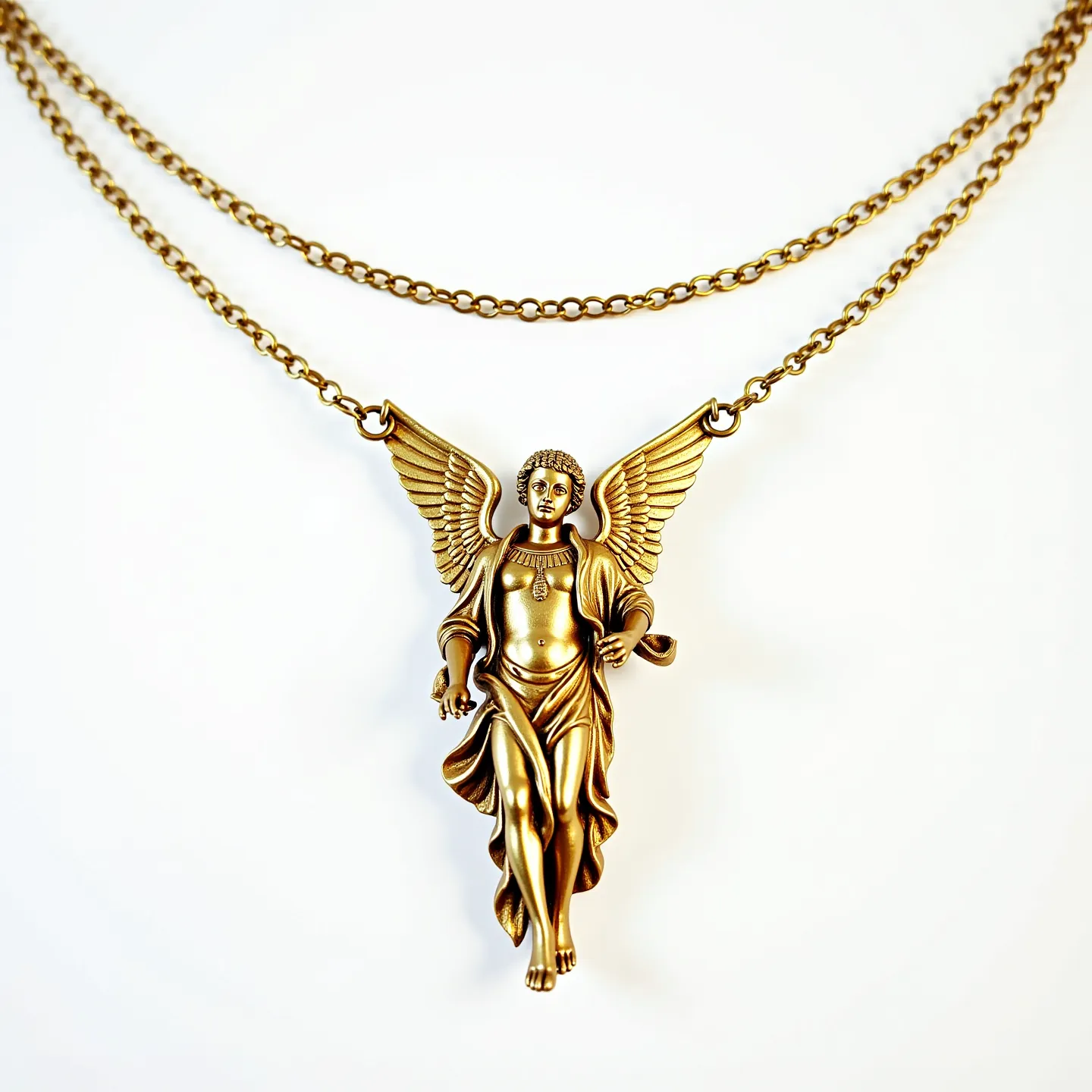 This Saint Michael necklace features a detailed pendant made from a gold-toned metal, depicting the archangel with wings spread, suggesting a sense of protection and strength. The pendant is intricately crafted, capturing the folds of the robes and the features of the angel with precision. It is suspended from a double-layered chain, which appears to be made of the same gold-toned metal, adding to the overall elegant yet robust aesthetic. The chain links are uniform and medium-sized, allowing for flexibility and durability, while the necklace likely features a classic clasp for secure fastening, though it is not visible in this view.