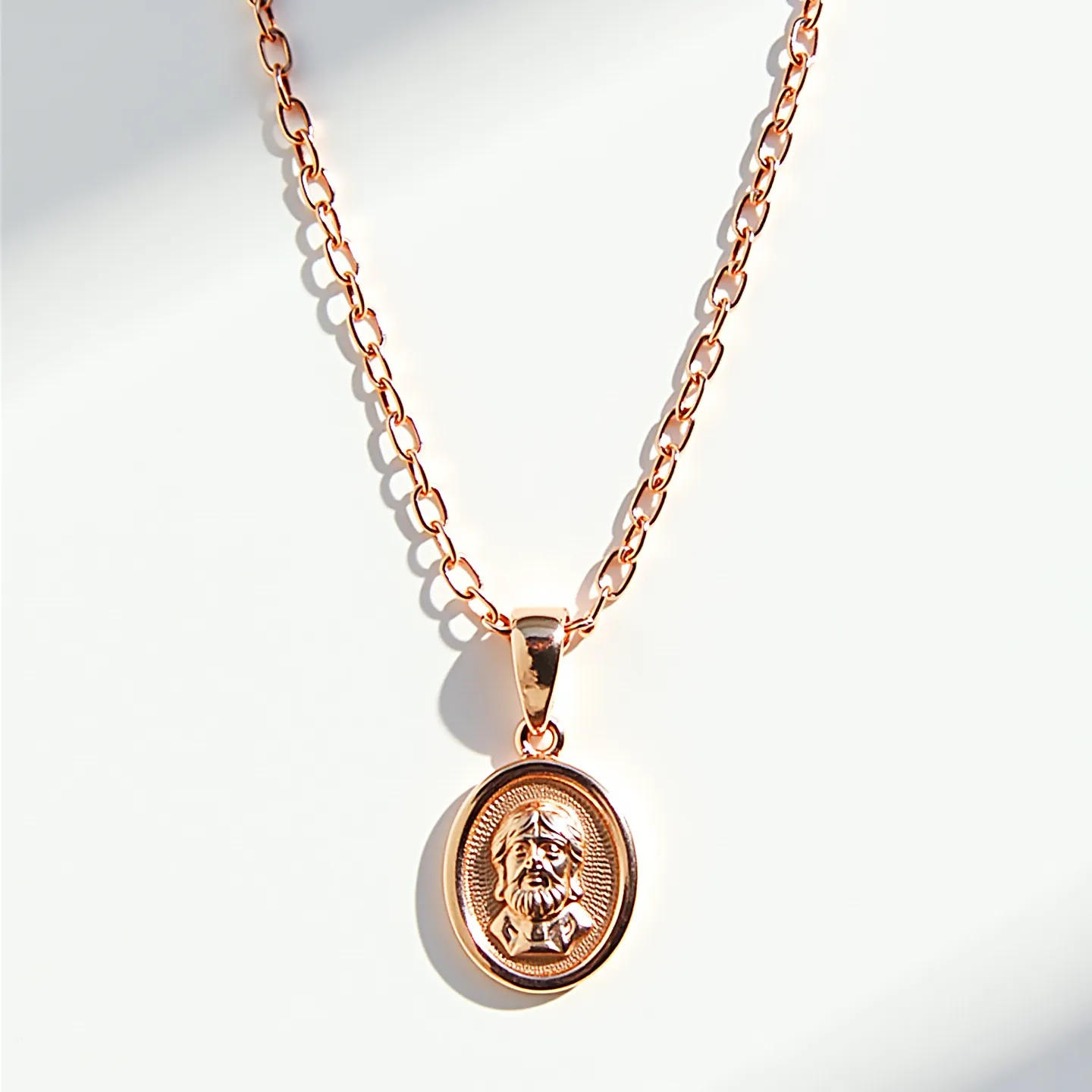 This Saint Michael necklace features a polished gold-tone material that highlights an intricately detailed medallion depicting the figure of Saint Michael. The pendant is oval-shaped, suspended from a medium-link chain that is consistent with the overall metallic design. There are no visible gemstones on the medallion, which relies on its embossed image for embellishment. The chain appears to have a simple clasp attachment, offering functionality and ease of wear. The design blends simplicity with symbolism, making it a versatile piece for various occasions.