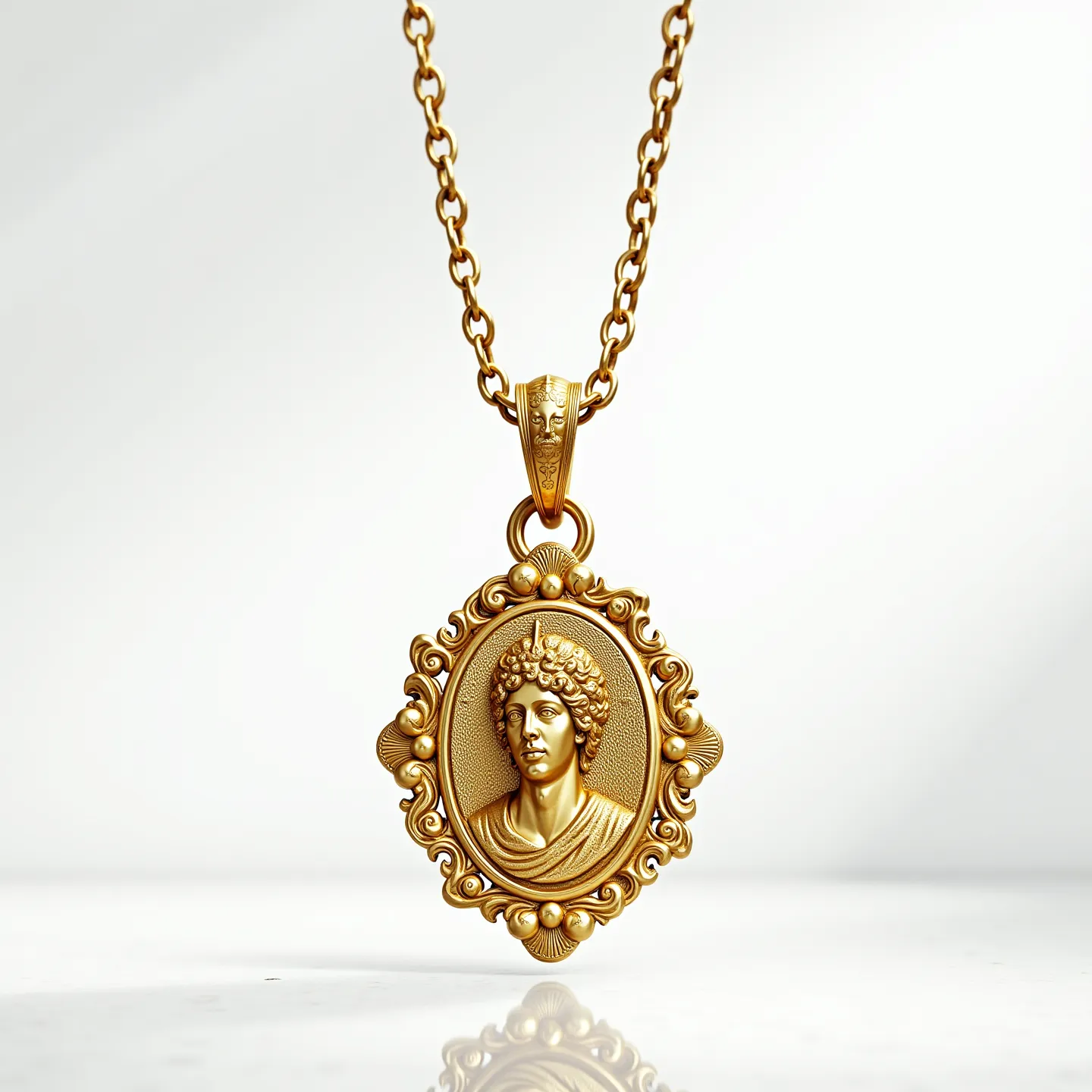 This Saint Michael necklace features an exquisite oval medallion crafted from a material that resembles gold or a gold-tone metal. The pendant showcases a raised, intricately detailed depiction of a figure reminiscent of classical art, framed by ornate scrollwork and embellishments that add a touch of elegance and depth. The chain appears to be made from a matching material, featuring interlocking links that give it a classic and sturdy appearance. The bail attaching the pendant to the chain is decorative, with engraved patterns complementing the pendant's design. There are no visible gems or stones set into the necklace, keeping the focus on the detailed metalwork.