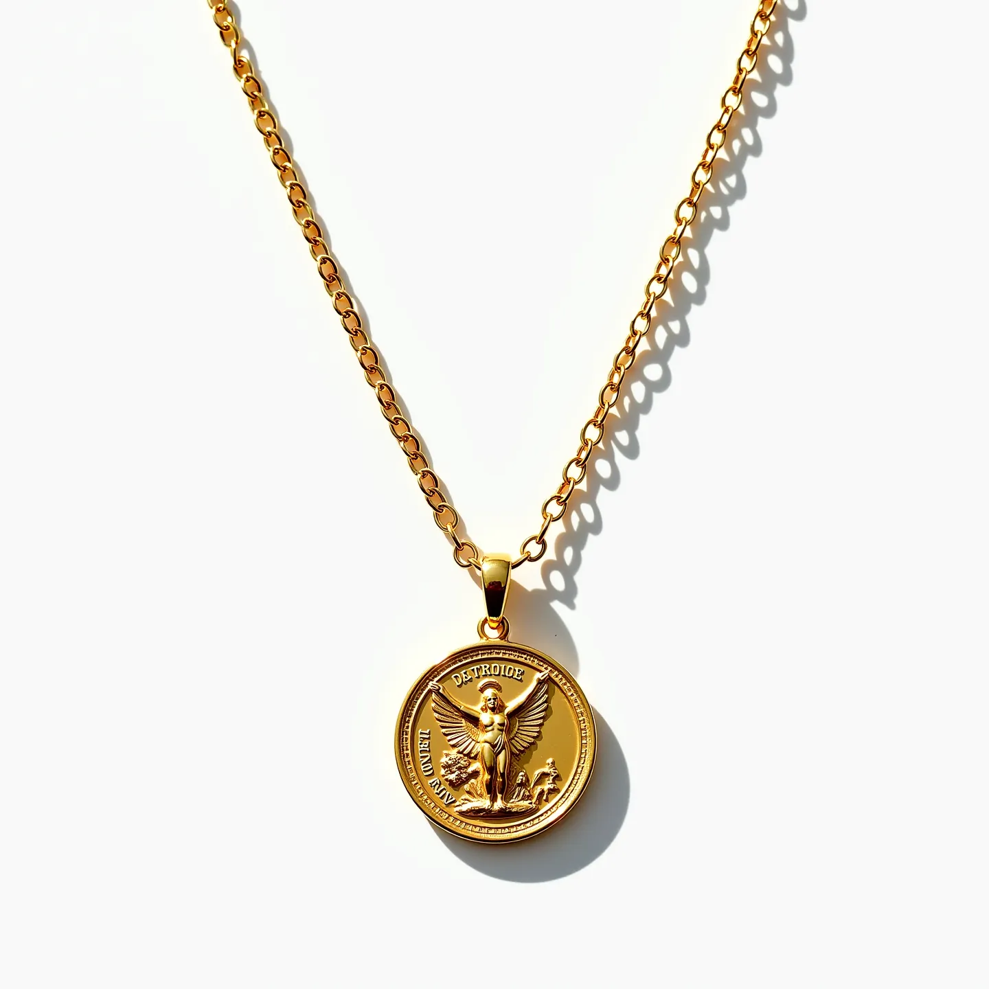 This Saint Michael necklace features a gold-toned chain and a round pendant. The pendant showcases an intricate engraving of Saint Michael, detailed with his iconic wings and surrounded by inscriptions. The chain appears to be a standard cable or curb link type, connected to the pendant with a small, polished loop. The necklace includes a lobster clasp for secure attachment. There are no visible gemstones, and the necklace exhibits a uniform metallic finish, emphasizing the engraved artwork on the pendant.