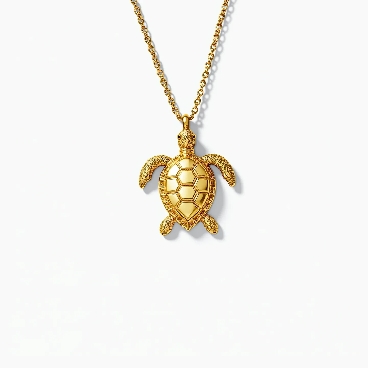 This sea turtle necklace features a pendant designed in the shape of a sea turtle, crafted from polished gold-toned metal. The pendant intricately depicts the details of the turtle's shell and limbs, giving it a lifelike texture. The necklace is attached to a matching gold-toned chain with interlinked loops, providing a cohesive look. The chain is likely secured with a standard clasp to ensure a secure fit when worn. The design embodies a blend of elegance and natural inspiration, ideal for those who appreciate oceanic themes in their jewelry.