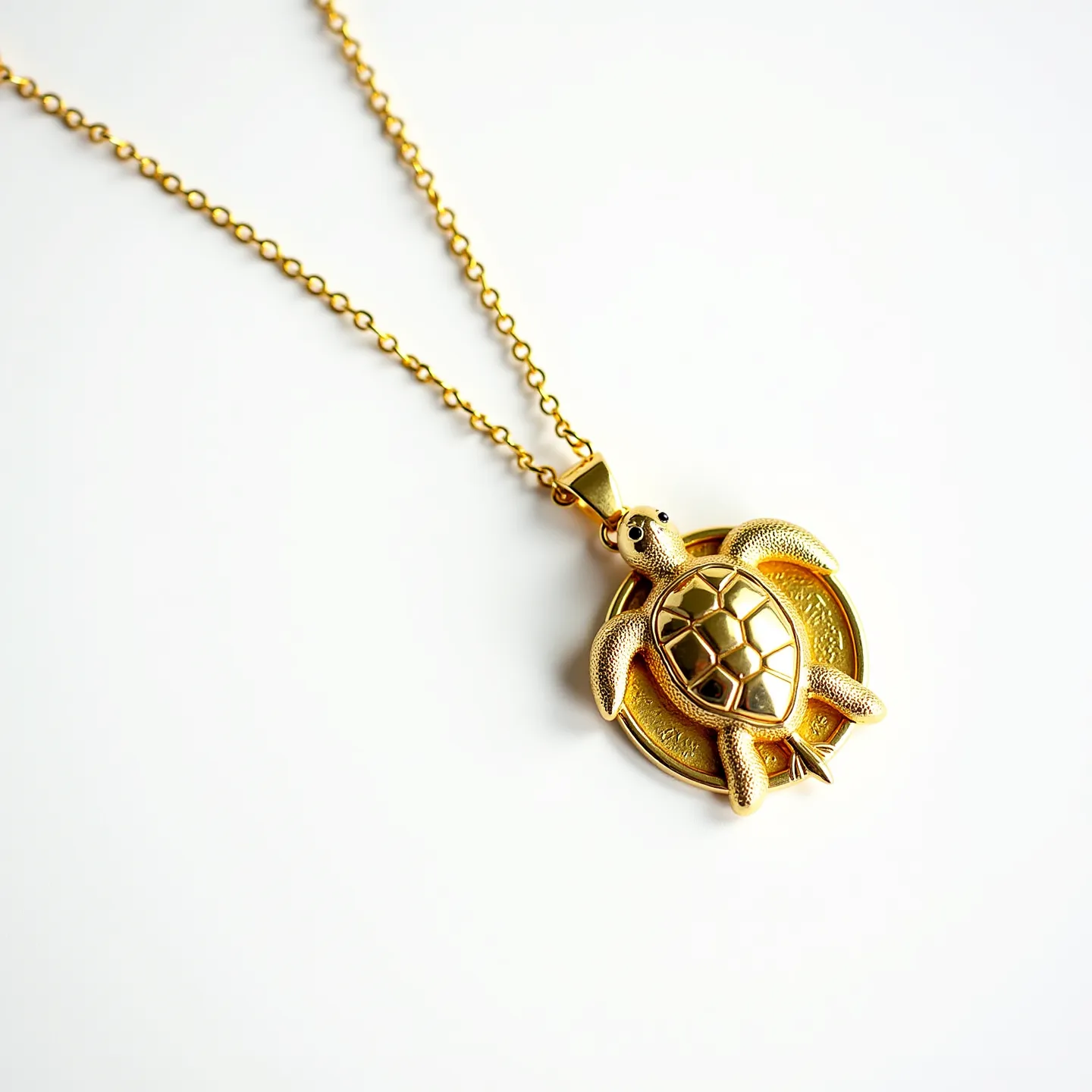 This sea turtle necklace features a beautifully detailed sea turtle pendant crafted in a gold-tone metal. The turtle's shell is intricately segmented, reflecting light with a polished finish. The pendant is suspended from a delicate gold-tone chain, which complements the pendant’s luxurious appearance. The turtle’s eyes are small black stones, possibly onyx or another similar gem, adding depth and character to the piece. The chain connects with a simple lobster clasp, ensuring secure and comfortable wear. Overall, the design captures elegance and marine charm, making it a unique accessory.