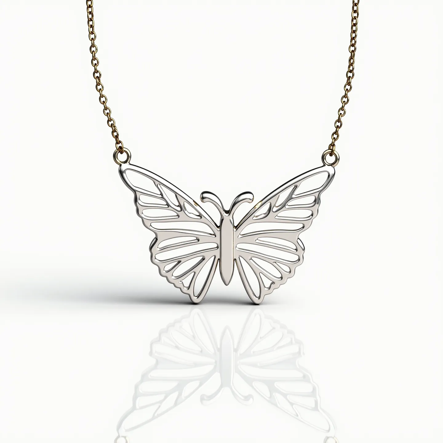 This silver butterfly necklace features a beautifully cut butterfly motif crafted from silver, showcasing intricate detailing in its design. The pendant itself is seamlessly attached to a delicate silver chain, emphasizing the grace and elegance of the butterfly shape. The necklace appears to use a minimalist approach, with no additional gemstones or elaborate settings, focusing solely on the meticulous design of the butterfly. The attachment points on each wing of the butterfly suggest a secure connection to the chain, which is likely fastened with a standard clasp, ensuring both functionality and style.