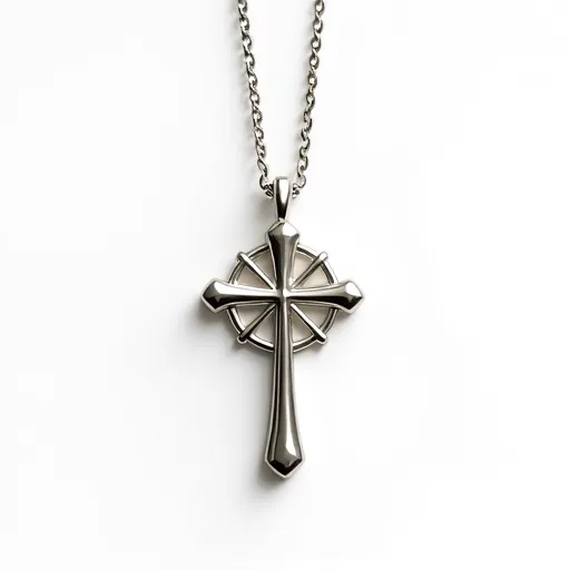 This silver cross necklace features a sleek, contemporary design with a polished silver cross pendant at its center. The cross is accented by a radial design behind it, adding an element of depth and interest. The necklace is crafted entirely from silver, enhancing its timeless appeal. The pendant is suspended from a sturdy silver chain, which is likely secured with a traditional clasp, ensuring a secure fit. The overall design is elegant and versatile, suitable for a variety of occasions.