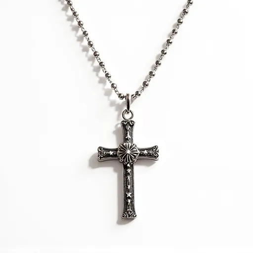 This silver cross necklace features an intricately designed cross pendant made from silver. The pendant has detailed engravings that add texture and depth, with a central starburst motif highlighting its craftsmanship. The cross is connected to a chain composed of small, round links, creating a classic necklace style. It has a loop at the top of the pendant for attachment, integrated smoothly into the design. The necklace is secured with a standard clasp, ensuring both style and functionality.