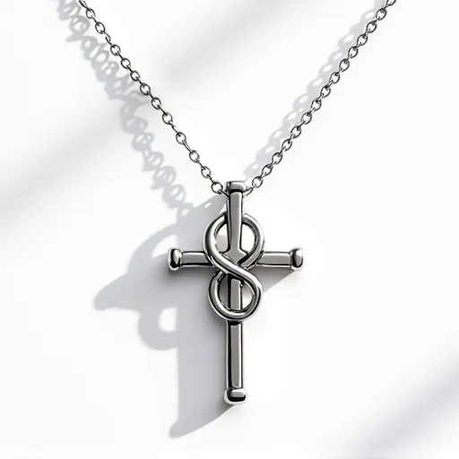 This silver cross necklace features a stylish polished silver cross pendant with a unique infinity symbol design woven around its center. The cross itself is made from silver and exhibits a sleek, smooth finish with rounded tips on each arm, enhancing its modern aesthetic. The chain is composed of small, uniform silver links, providing a complementary balance to the pendant's sophisticated design. The necklace likely includes a standard spring ring clasp for secure attachment, ensuring both style and functionality.