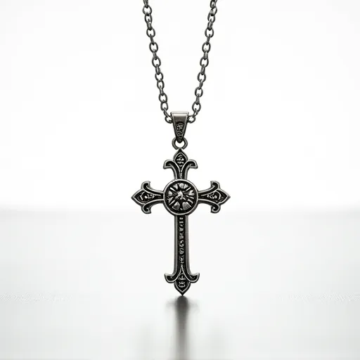 This silver cross necklace features an intricately designed pendant, crafted with detailed ornamental patterns that enhance its elegance. The centerpiece of the cross showcases a circular design, possibly symbolic, adding depth and character to the piece. The cross is suspended by a sturdy bail that seamlessly connects to a robust chain, providing durability and style. The chain consists of oval links, giving the necklace a classic and timeless look. The overall construction suggests quality craftsmanship, with attention to detail in every aspect of its design.