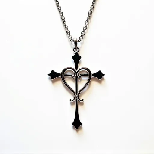 This silver cross necklace features a distinctive design with a central cross motif adorned by a heart-shaped detail in the center. The pendant appears to be crafted from silver, showcasing a smooth, polished finish that highlights its elegant contours. A small, round gem is set delicately at the center where the heart and cross intersect, adding a subtle sparkle. The pendant is attached to a silver chain with an interlocking link pattern, likely fastened by a simple clasp mechanism for secure wear.