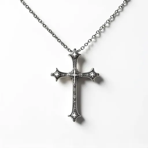 This silver cross necklace features a detailed design with a prominent cross pendant crafted from polished silver. The pendant is adorned with small, sparkling gems that are likely diamonds or cubic zirconia, set into the cross in a pave setting that enhances its brilliance. The edges of the cross are slightly flared with a distinctive pattern, adding a touch of elegance. The necklace is attached to a fine chain with small, interconnected links, lending a delicate and classic feel to the piece. The clasp is a standard lobster clasp, providing secure and easy fastening.