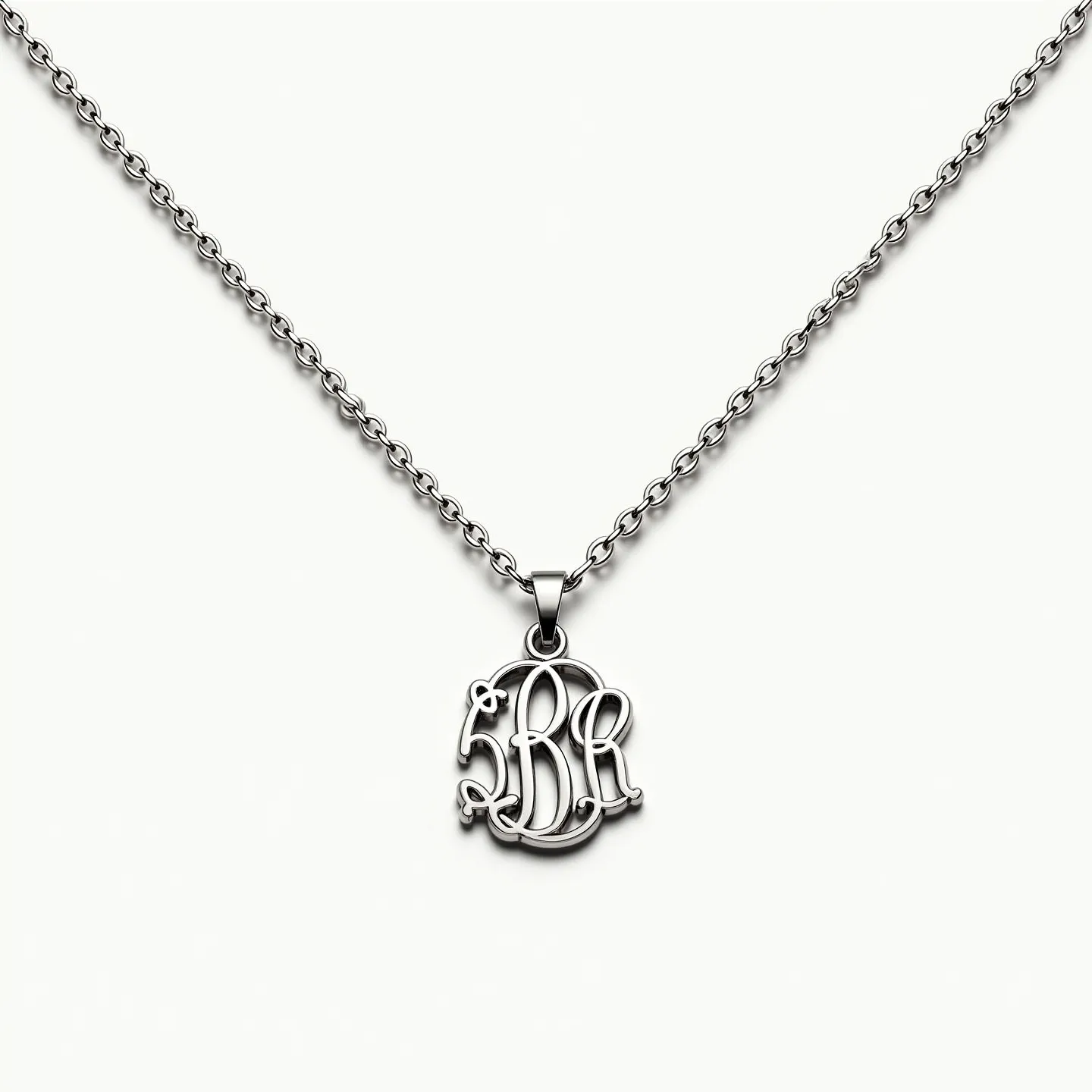 This silver initial necklace features a beautifully crafted pendant that displays intricately interwoven letters, showcasing an elegant and personalized design. The pendant, crafted from sterling silver, offers a polished finish that enhances its sophisticated appearance. It is affixed to a classic chain composed of small, uniform links, contributing to both the necklace's durability and aesthetic appeal. The chain is secured with a lobster claw clasp, ensuring ease of use while maintaining a secure hold. This piece is devoid of any gemstones, focusing instead on the refined simplicity and charm of the silver material and the personalized initial design.