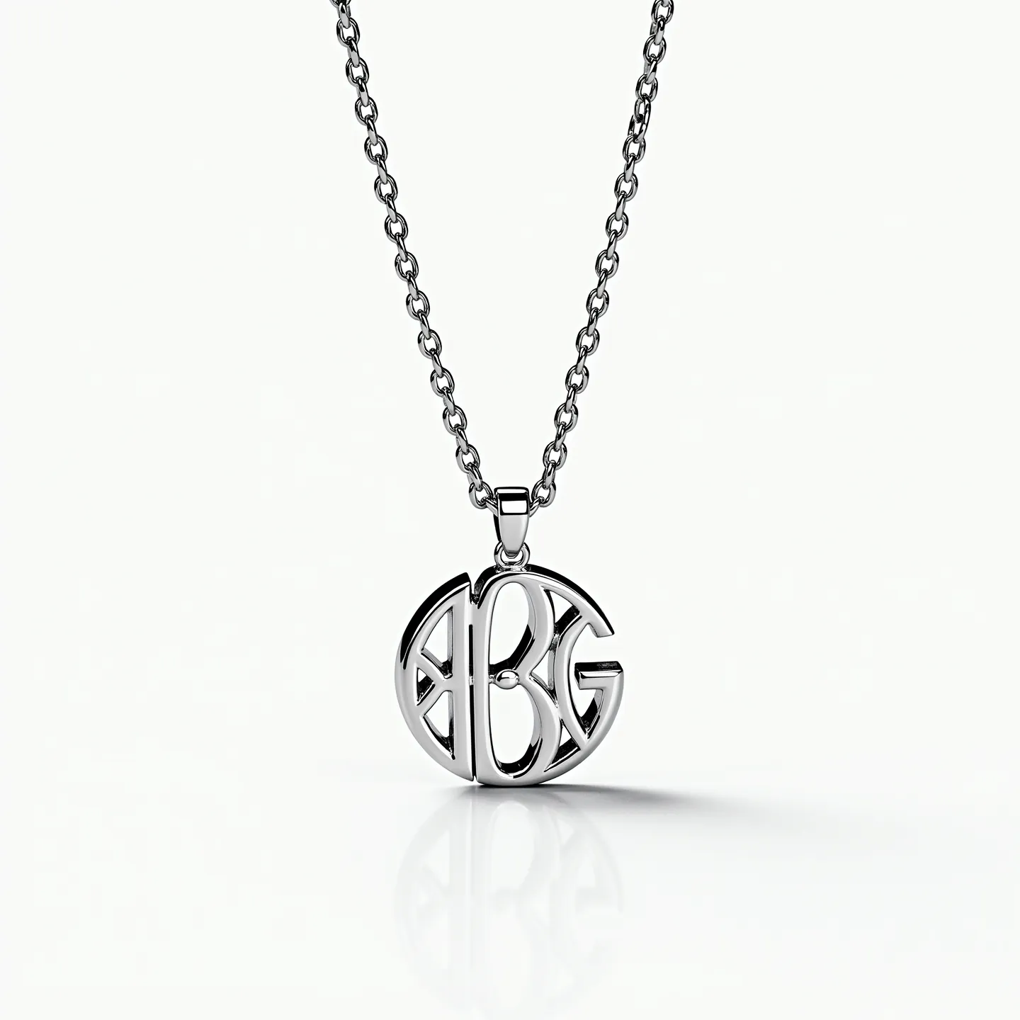 This silver initial necklace features a polished, circular pendant with the initials "ABG" elegantly intertwined. Made of high-quality sterling silver, the pendant boasts a sleek, mirror-like finish that enhances its refined appearance. The chain is composed of interlocking links, providing both durability and a sophisticated look. The necklace includes a secure lobster clasp, ensuring it stays fastened comfortably around the neck. The minimalist design of the pendant is complemented by the absence of additional gems or stones, making it a timeless piece suitable for everyday wear or special occasions.