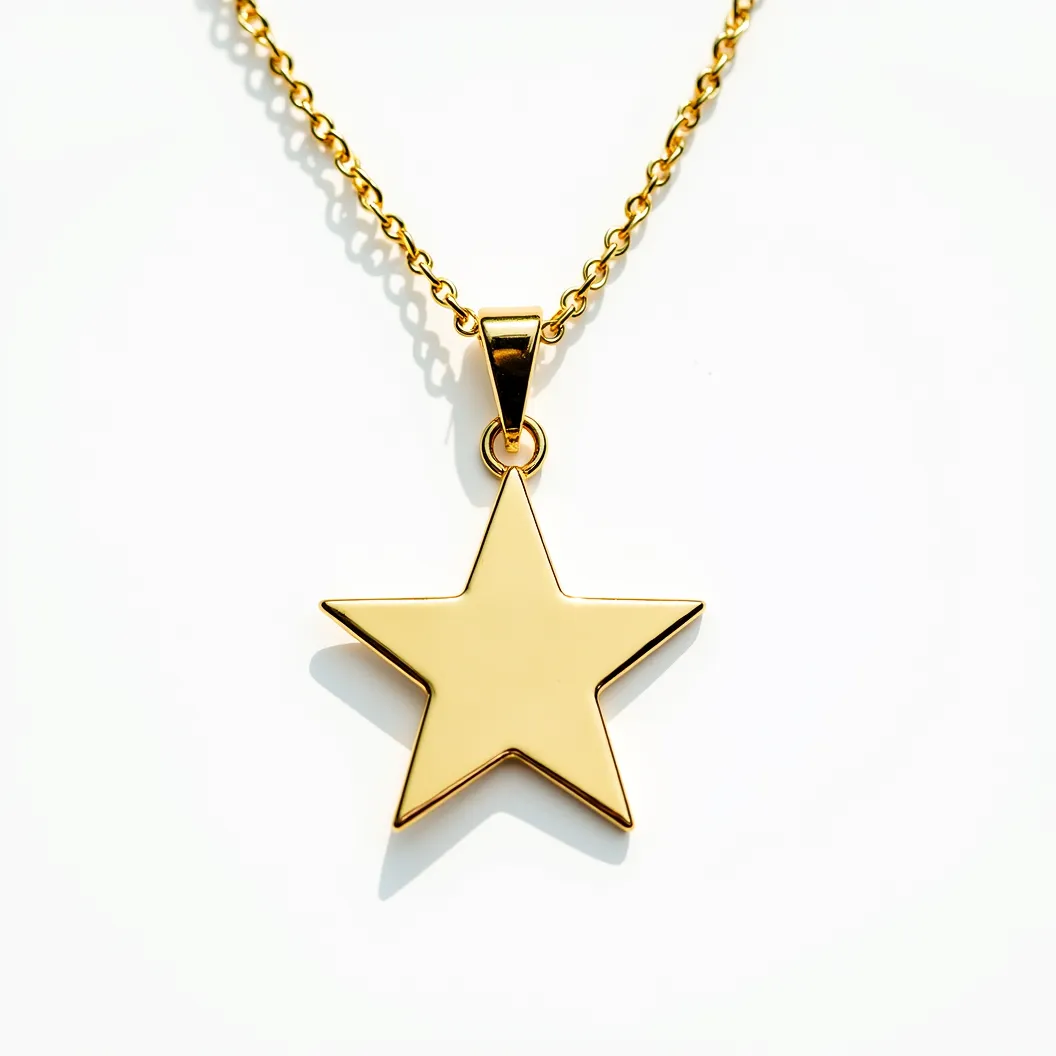 This star necklace features a polished, gold-toned metal star pendant that offers a sleek and minimalist design. The pendant hangs from a simple, matching gold-toned chain, which appears to be moderately thin and elegantly crafted. The pendant is connected to the chain through a small, well-crafted bail, allowing for smooth movement. The piece exudes a classic elegance, suitable for various occasions.