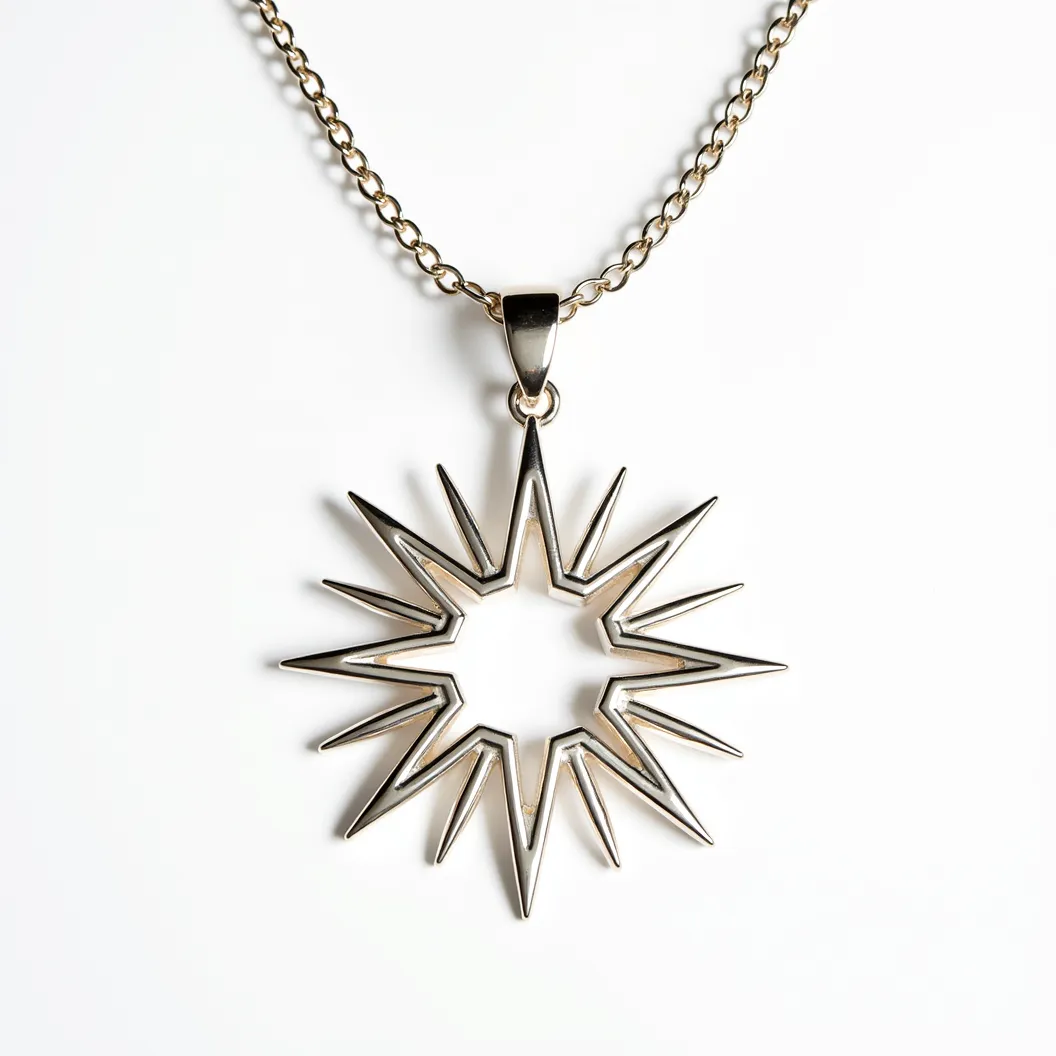 This star necklace features a striking open starburst pendant crafted from polished metal, likely gold or gold-plated, which catches the light with its sleek surfaces and sharp, pointed design. The pendant is attached to a delicate chain using a classic bail, which allows it to swing freely and sit elegantly when worn. The necklace is devoid of additional embellishments such as gemstones, maintaining a minimalist yet bold aesthetic. It is secured with a lobster clasp, ensuring both ease of wear and reliable fastening. The combination of sleek design and shiny material makes this necklace a versatile accessory suitable for various occasions.