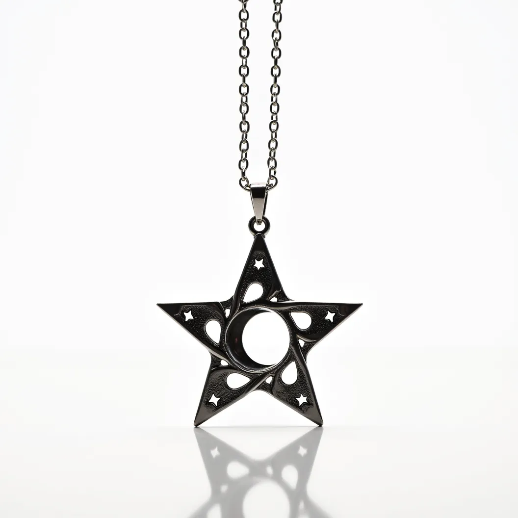 This star necklace features a striking pendant crafted from a dark, metallic material, forming a five-pointed star with a crescent moon cutout in its center. Each point of the star is adorned with small star-shaped cutouts, adding visual interest to the design. The pendant is suspended from a matching chain through a sleek, minimalistic bail, highlighting its modern aesthetic. The chain appears to be made of the same metallic material as the pendant, providing a cohesive look. The necklace closes with a standard clasp, ensuring secure wear.