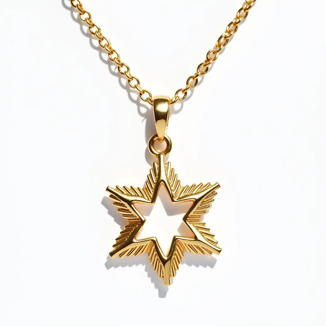 This star necklace features a radiant pendant design crafted from a lustrous gold-tone metal. The pendant showcases a six-pointed star, distinguished by a textured finish along its edges, giving it a dynamic, layered appearance. The chain is a simple link style, complementing the pendant's elegance without overpowering it. At the top of the pendant, a polished gold bail securely attaches to the chain. This minimalist piece does not include any gemstones or additional embellishments, emphasizing its pure geometric allure.