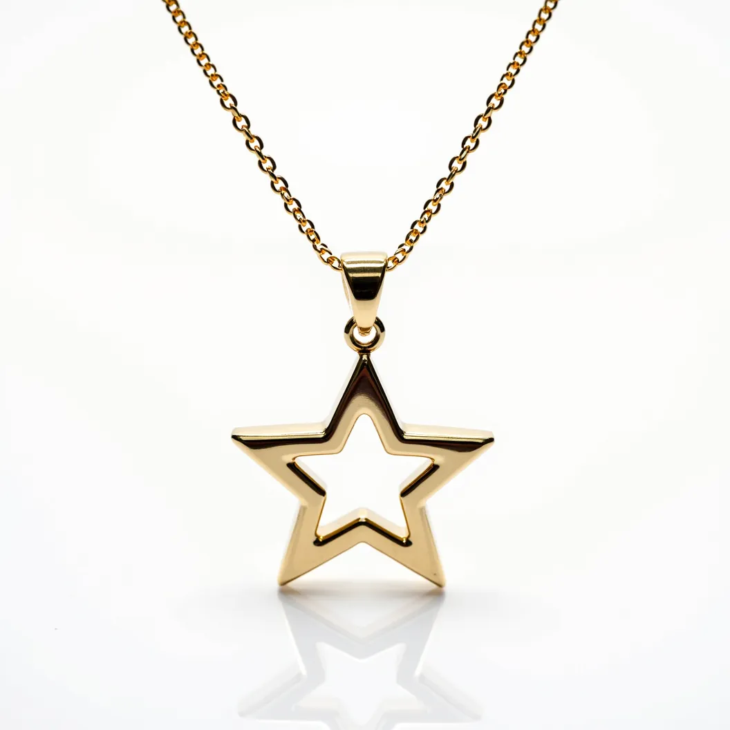 This star necklace features a modern and sleek design with its pendant shaped as a five-pointed star. The material appears to be a polished metal, giving it a shiny, reflective surface, likely gold or gold-plated. The pendant is hollow, emphasizing its geometric shape, which adds a contemporary aesthetic. The chain resembles a simple cable chain, supporting the star delicately. A loop attachment connects the pendant to the chain, with a standard lobster clasp for secure fastening. The overall design is elegant yet minimalistic, suitable for a variety of occasions.