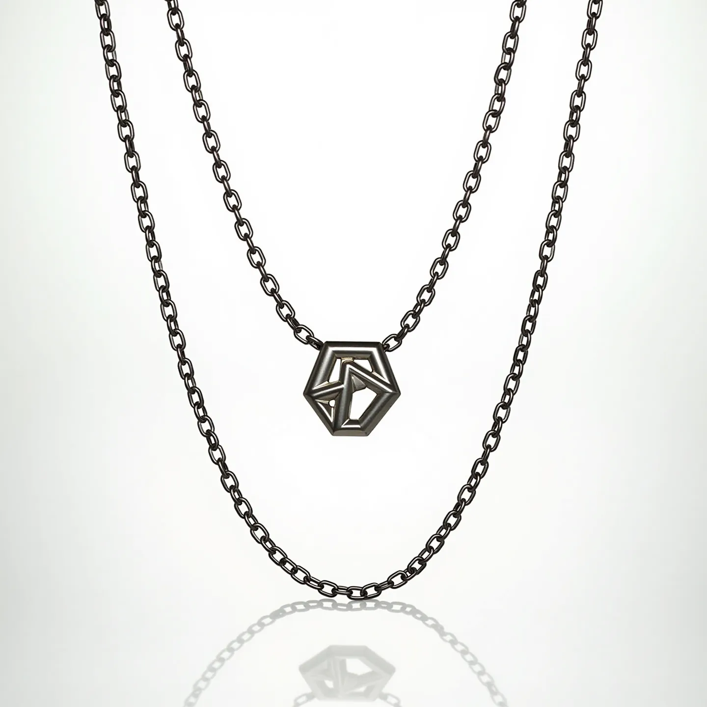 This sterling silver necklace features a geometric pendant with an intricate, angular design, suspended between two delicate chains. The pendant is crafted from sterling silver and has a modern, abstract shape, adding a contemporary flair. The necklace is designed with an interlocking chain pattern, which enhances its stylish and cohesive look. An unseen clasp or mechanism ensures secure attachment, seamlessly integrating with the overall design, emphasizing both function and elegance.