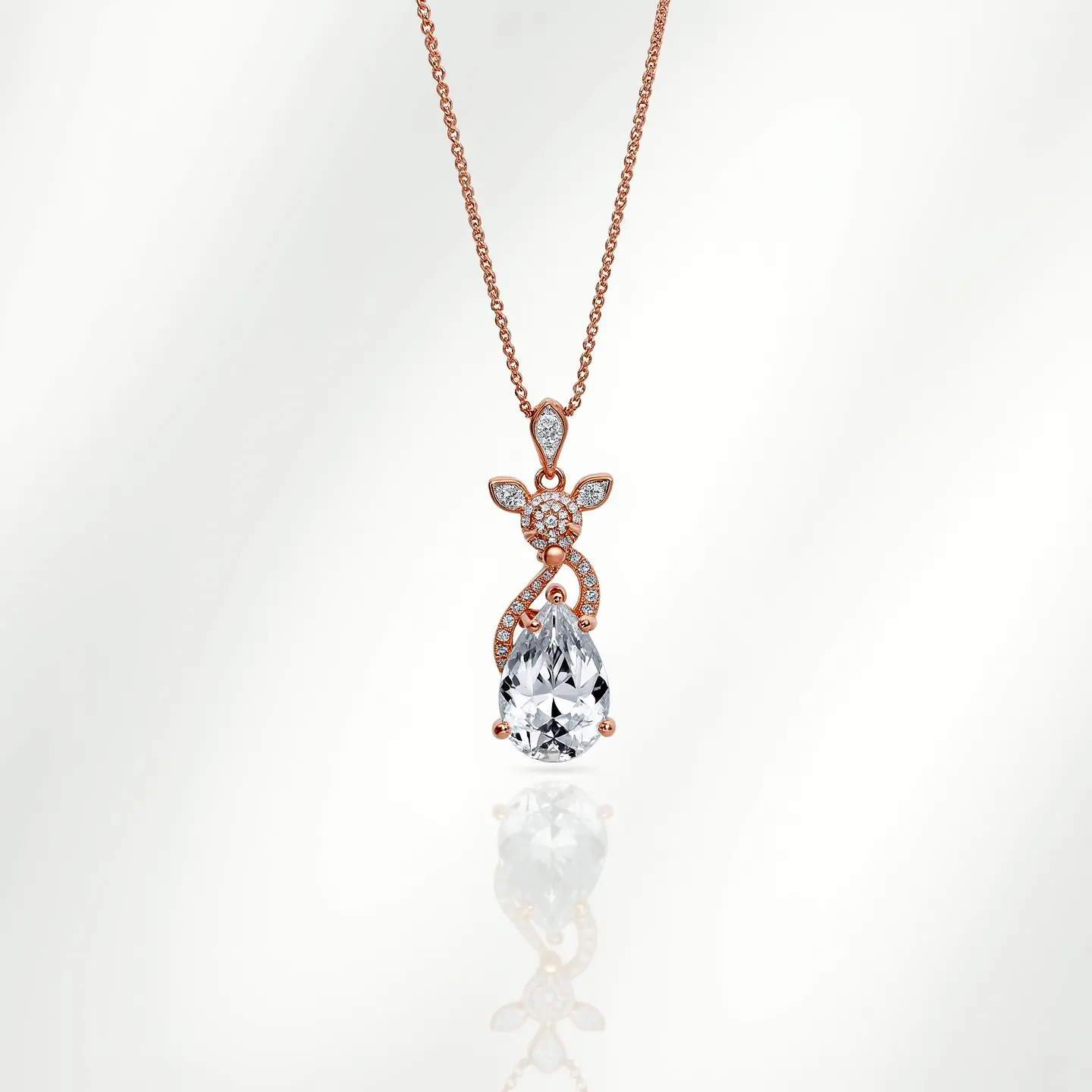 This stone necklace features a delicate design with a prominent pear-cut stone as its centerpiece, set in a rose gold-colored metal. Surrounding the main stone are smaller round stones, likely diamonds or diamond-like gems, enhancing its elegance with intricate detailing. The pendant includes a floral motif with three marquise-shaped stones, giving the piece an ornate appearance. The rose gold setting creates a harmonious contrast with the clear stones, offering an elegant and timeless appeal. The chain and clasp are crafted from the same rose gold metal, completing the sophisticated look of this necklace.