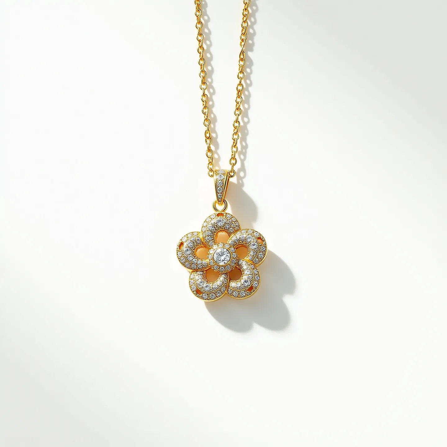 This stone necklace features a delicate chain crafted from gold, supporting a flower-shaped pendant. The pendant is adorned with numerous small, round-cut diamonds arranged in a pave setting, enhancing its intricate floral design. At the center of the flower, a larger diamond is showcased, capturing the light with its brilliant cut. The pendant has a gold bail, embellished with additional small diamonds, seamlessly connecting it to the chain. The overall design balances elegance with a touch of extravagance, making it a standout accessory.