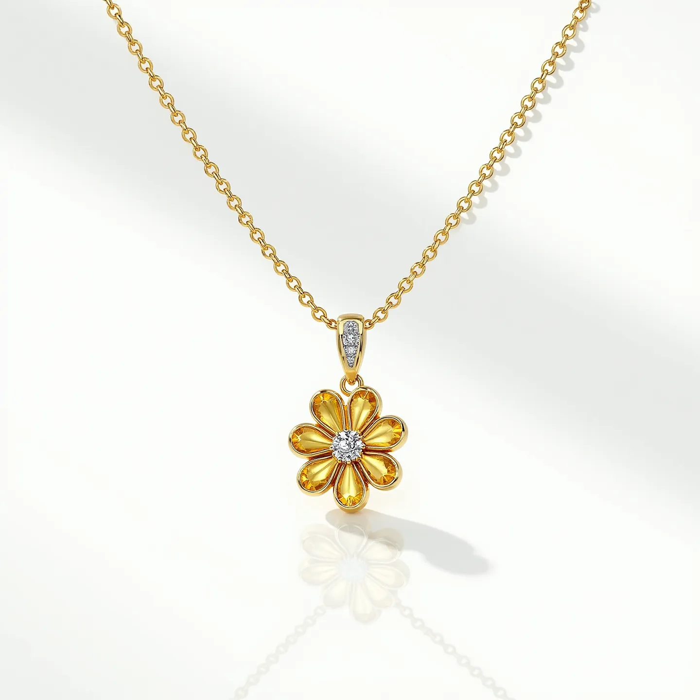 This stone necklace features a delicate gold chain attached to a daisy-shaped pendant. The pendant is crafted from glossy yellow stones set in a golden frame, forming the petals of the flower. At the center, a round-cut diamond is prominently set, adding a touch of sparkle to the design. The pendant is connected to the chain with a small, decorative bale encrusted with tiny diamonds, enhancing its elegance. The necklace is completed with a secure lobster clasp, ensuring both functionality and style.