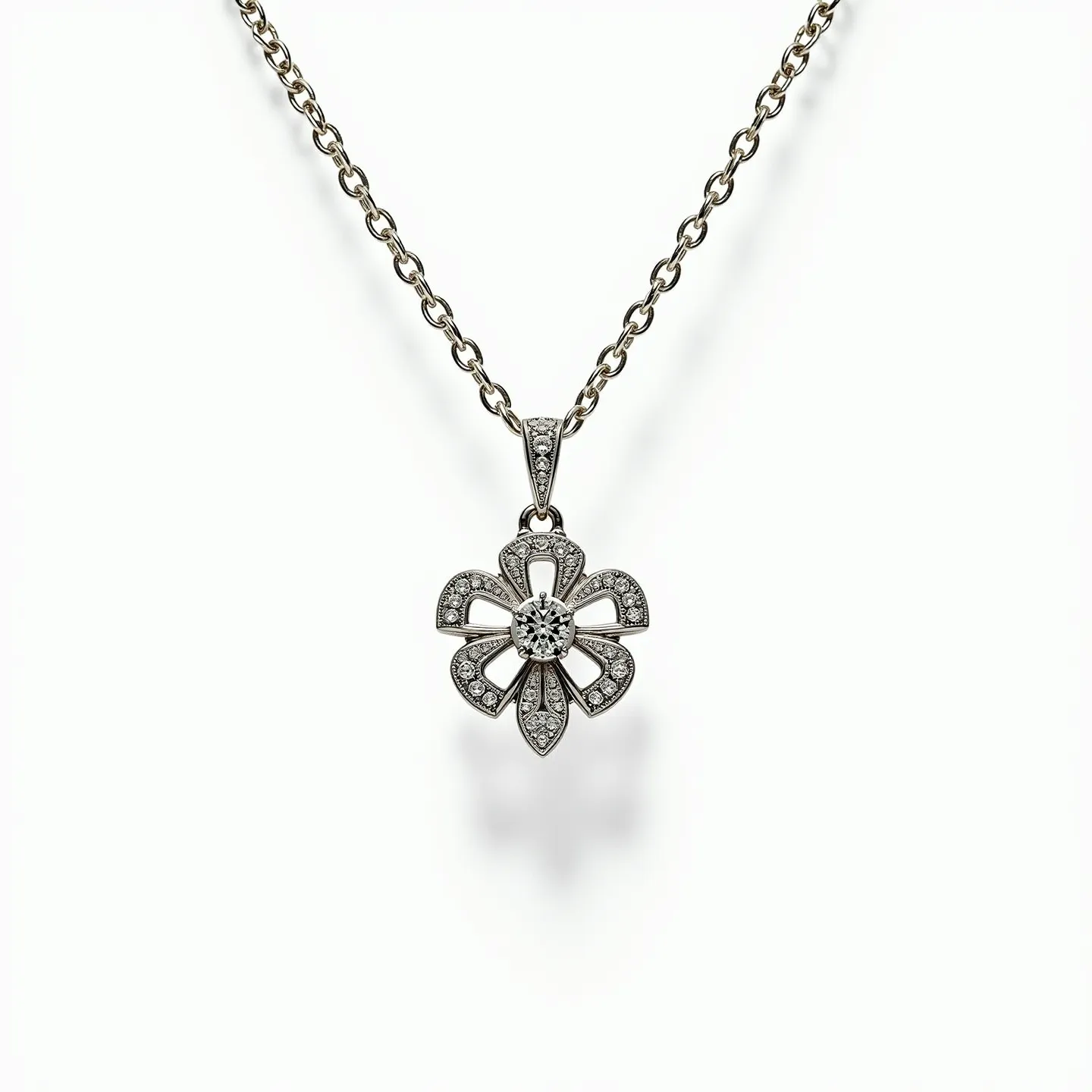 This sunflower necklace features an elegant design crafted from a silver-toned metal with a delicate sunflower pendant. The pendant showcases intricate petals encrusted with small, round-cut white stones, likely cubic zirconia or diamonds, adding a sparkling effect. At the center of the sunflower, a larger stone is placed, enhancing the floral motif. The pendant is attached to a classic cable chain that complements the overall design, bringing a cohesive and timeless look. A lobster claw clasp provides secure closure, making it both functional and stylish.