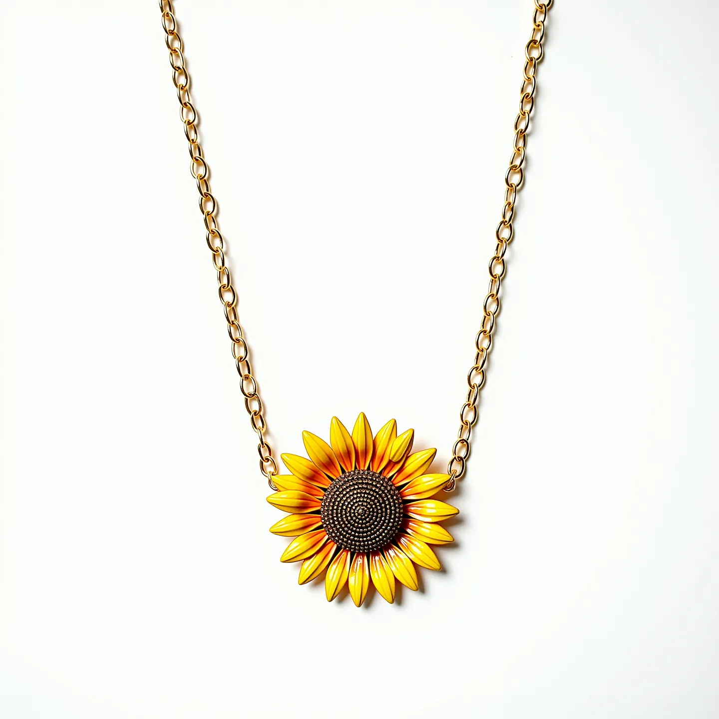 This sunflower necklace features a finely detailed sunflower pendant with vibrant yellow petals and a textured brown center. The petals appear to be crafted from a glossy material that mimics the natural sheen of real flower petals. The necklace chain is composed of uniformly sized, interlocking links, suggesting it could be made of a durable metal such as gold-plated or gold-tone alloy. The necklace is designed with a simple clasp mechanism integrated into the chain, allowing for secure and easy fastening. Overall, this necklace combines artistic craftsmanship with a nature-inspired design.