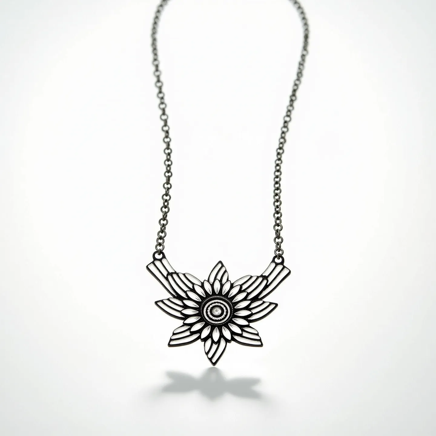 This sunflower necklace features a beautifully crafted sunflower pendant, intricately designed with layers of petals radiating from a central disk. The pendant appears to be made from metal, possibly with a dark or oxidized finish that accentuates the details of the sunflower. It hangs from a delicate chain, likely composed of the same material as the pendant. The chain is linked, adding to the classic and timeless appeal of the piece. The necklace is likely secured with a clasp, which may be a standard lobster or spring ring style, ensuring both security and ease of wear. This elegant and artistic necklace captures the essence of a sunflower with its captivating design.