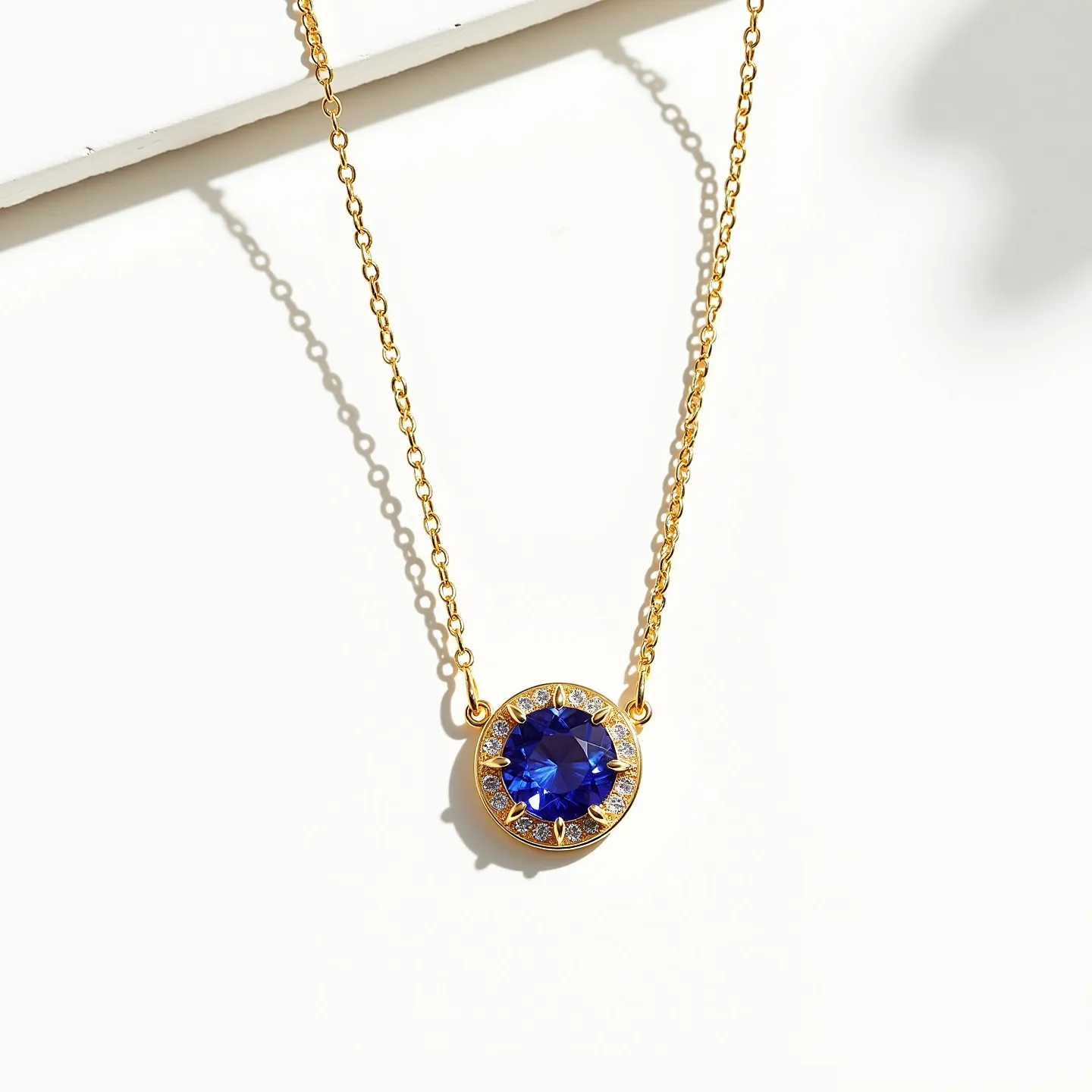 This tanzanite necklace features a striking round-cut tanzanite gem set at its center, which is surrounded by a halo of sparkling smaller stones, likely diamonds, enhancing its brilliance. The pendant is set in a yellow metal, which may be gold or gold-plated material, adding to its luxurious appeal. The chain, also in yellow metal, is a delicate link design, allowing the pendant to be the focal point. The necklace is secured with a conventional clasp, providing a seamless and elegant finish to the piece.