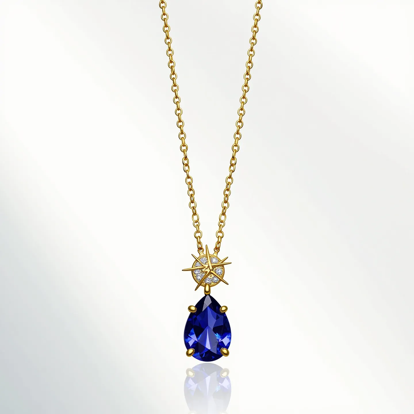 This tanzanite necklace features a striking pear-shaped tanzanite gemstone, exhibiting a deep blue-violet hue. The tanzanite is secured with prongs in a gold setting, which enhances its vibrant color. Above the main stone, a starburst design is incorporated with small, round-cut diamonds arranged in a cluster, adding a sparkling accent to the piece. The necklace is crafted with a delicate gold chain that complements the overall elegant design. This piece is completed with a standard clasp for secure attachment.