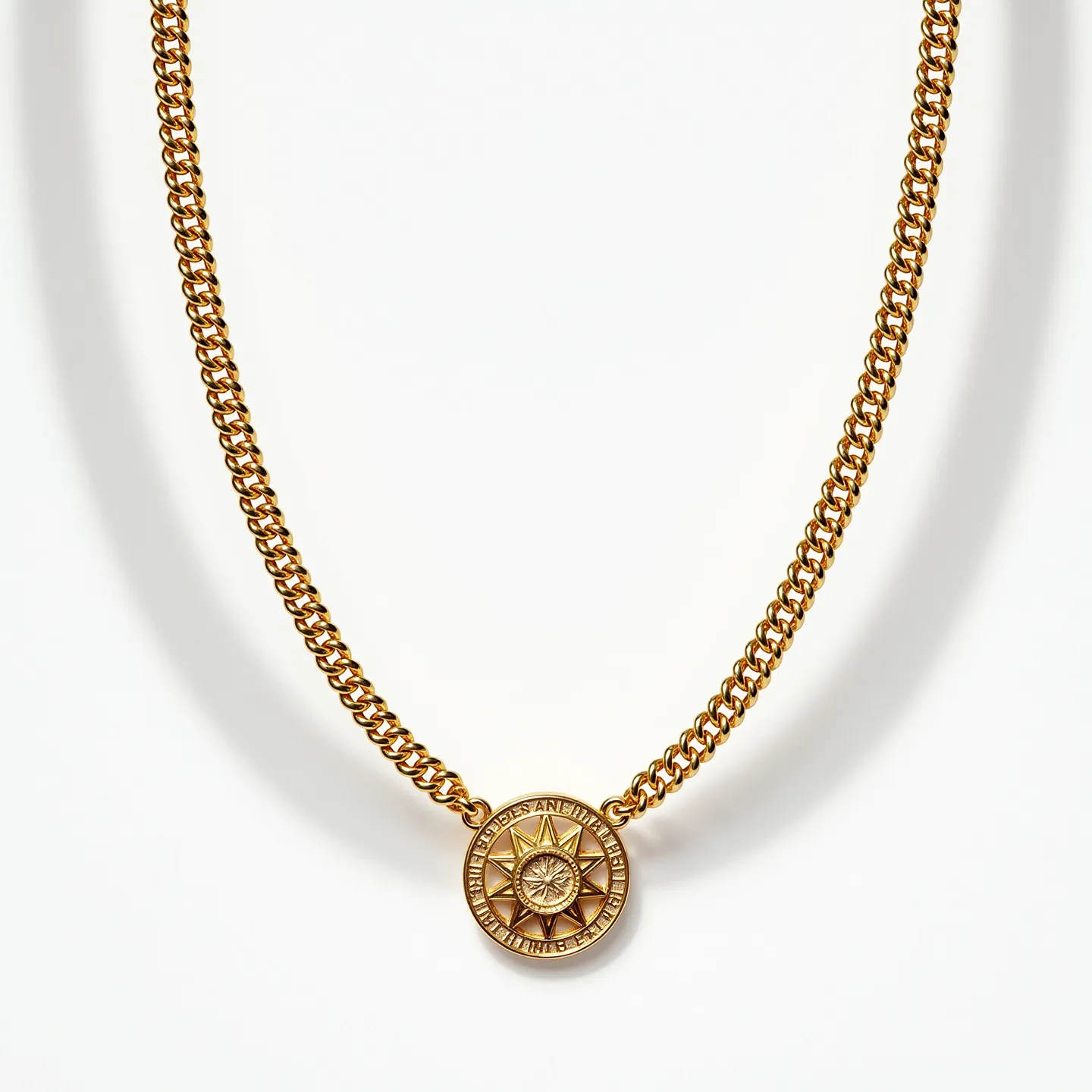 This thick chain necklace is crafted from gold-toned metal, featuring a classic curb link design that gives it a robust and stylish appearance. The centerpiece is a circular medallion adorned with a decorative compass rose motif. At the heart of the medallion is a single diamond-shaped stone, set in a starburst pattern that accentuates its brilliance. The medallion itself is encased in an intricate gold frame, adding to its ornate aesthetic. The necklace secures with a lobster clasp, ensuring a reliable and adjustable fit.