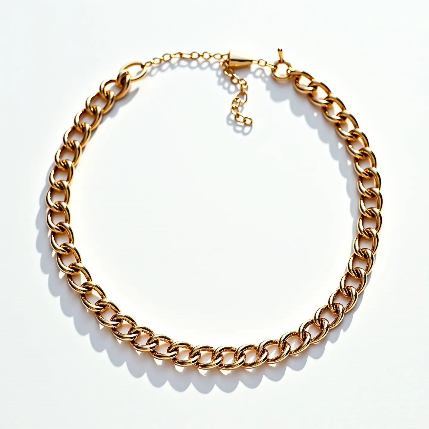 This thick chain necklace features substantial interlocking links made of a shiny, metallic material, likely gold or gold-plated, giving it a luxurious appearance. The design is classic and bold, showcasing the links' rounded edges and smooth surface. It is equipped with an adjustable extender chain, allowing for flexibility in length, and is fastened with a lobster clasp, ensuring a secure and easy attachment. The simplicity and elegance of the chain make it a versatile piece that can complement various styles and outfits.