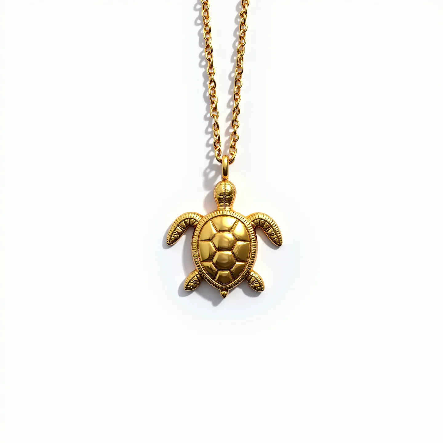 This turtle necklace features a pendant in the shape of a turtle, crafted from what appears to be gold or gold-plated metal, giving it a smooth and shiny finish. The turtle's shell is detailed with hexagonal segments, adding texture and depth to the design. The pendant hangs from a classic gold-tone chain with interlocking links, which allows for fluid movement and a comfortable fit around the neck. The necklace likely features a simple clasp mechanism, such as a lobster claw or spring ring, ensuring secure wear. The emphasis on metallic elements highlights the elegant and understated beauty of the turtle motif.