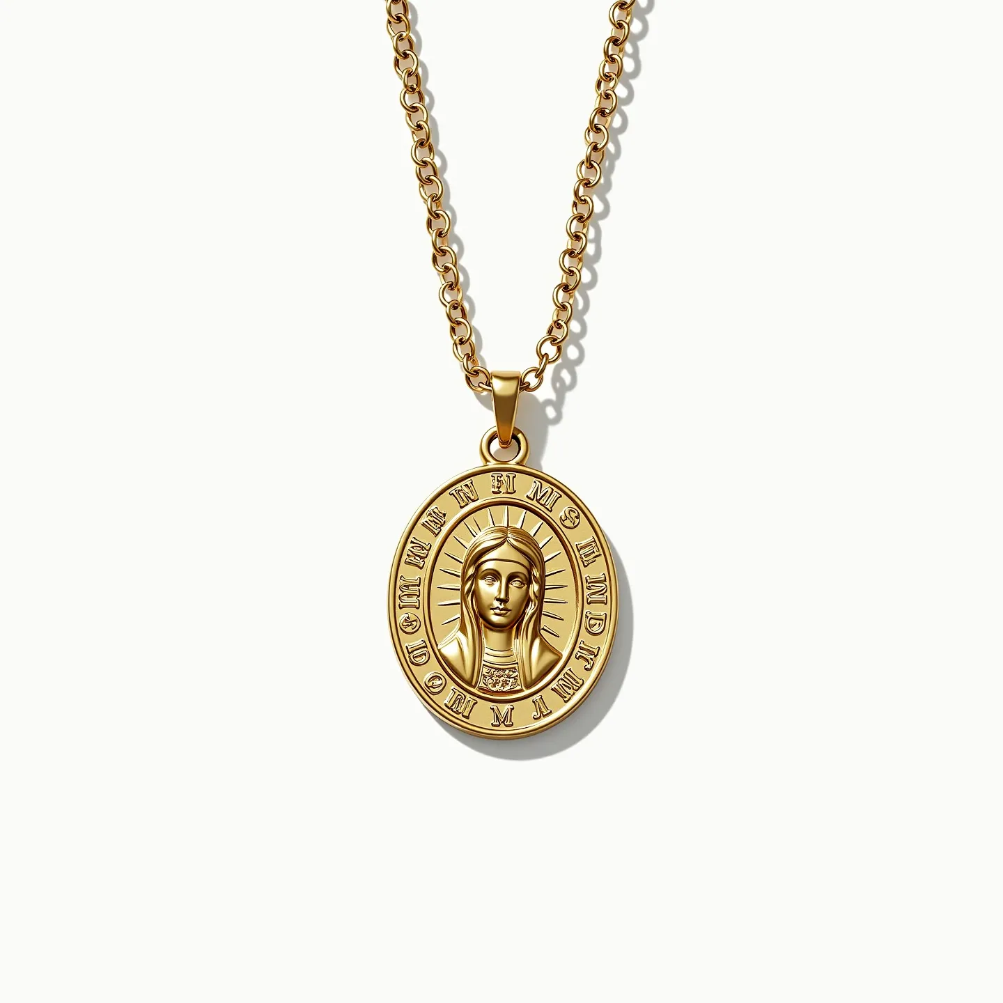 This Virgin Mary necklace features a pendant crafted from a gold-toned metal, shaped into a polished oval medallion with an embossed image of the Virgin Mary at the center. The intricate detailing around the image enhances its visual depth, while decorative rays extend outward, creating a radiant effect. Surrounding the image are engraved letters, adding an element of spirituality and symbolism to the piece. The pendant is attached to a matching gold-toned chain, designed with sturdy links, providing a cohesive and elegant appearance. The necklace is completed with a secure clasp, ensuring it stays comfortably in place when worn. This piece combines religious symbolism with classic design elements, creating a timeless accessory.